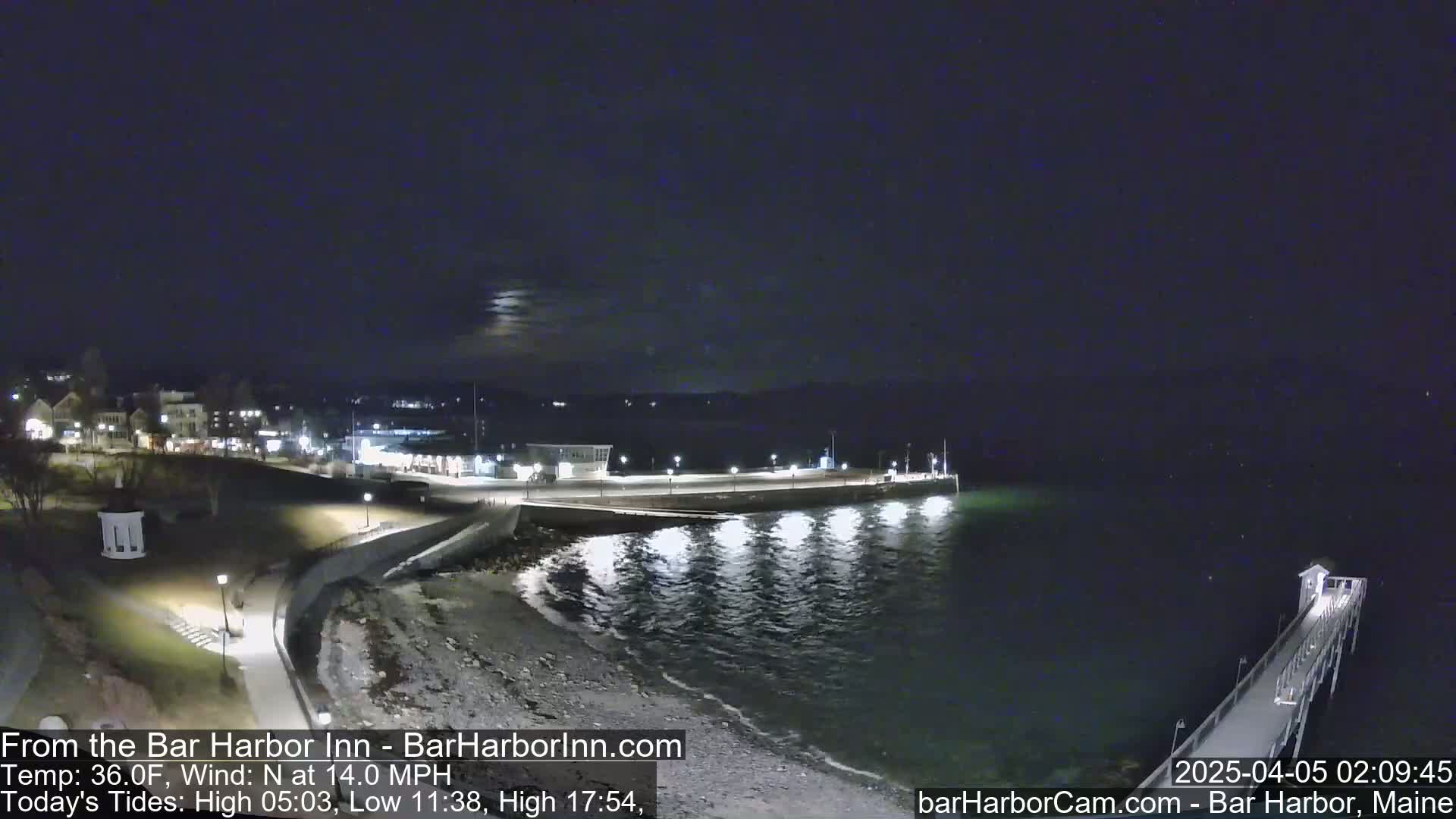 A nighttime coastal scene shows a town lit up on a hill overlooking a dark, calm ocean with a pier extending into the water under a moonlit sky.