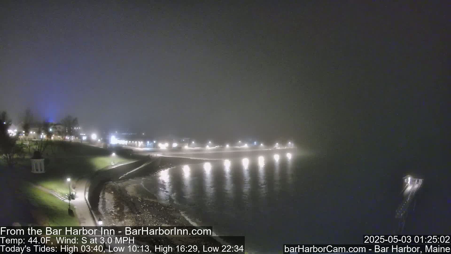 A foggy nighttime scene shows a calm body of water reflecting lights from a shoreline with buildings and trees in the background.