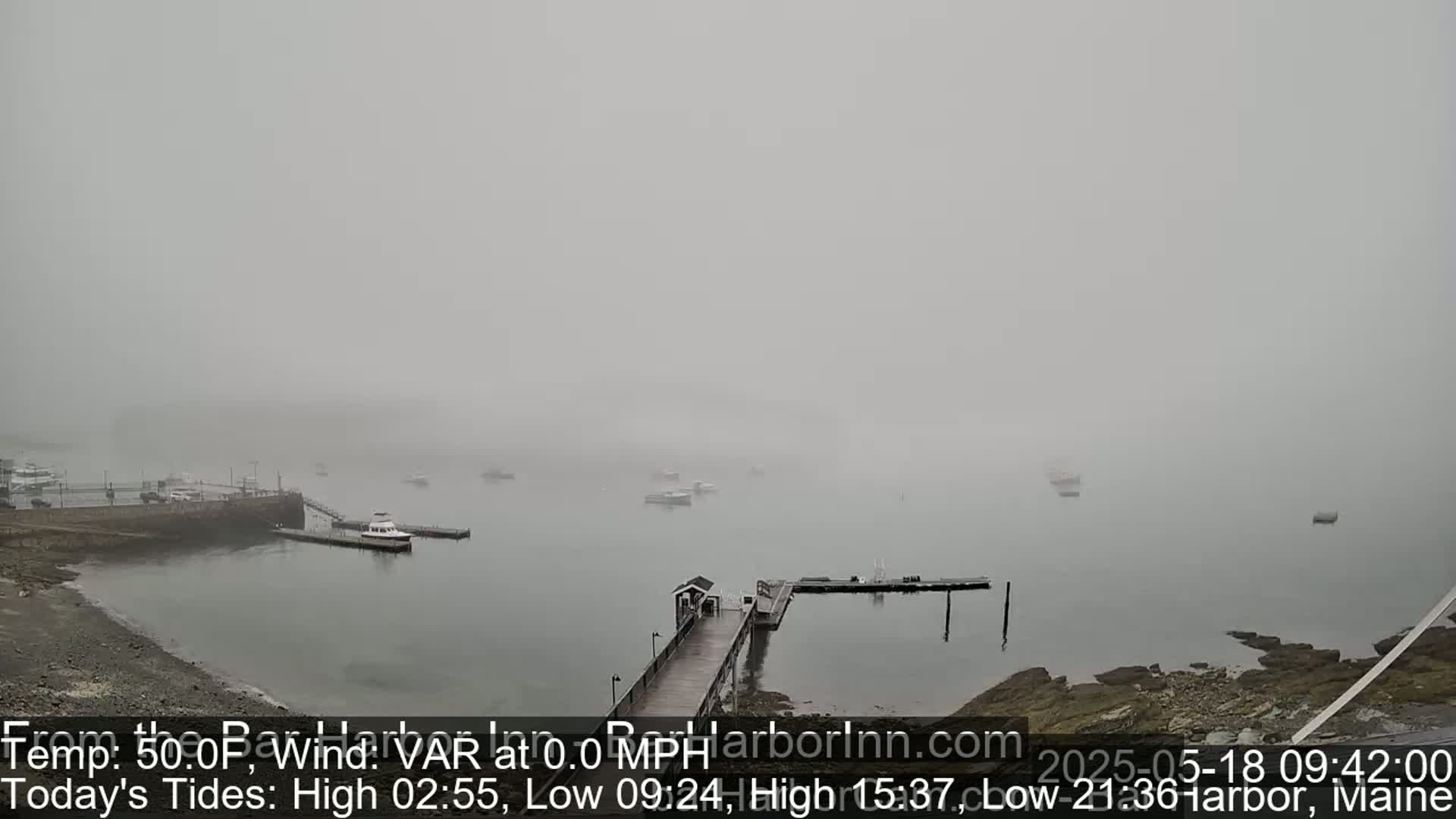 A foggy harbor scene shows several boats moored at a pier extending from a rocky shoreline.