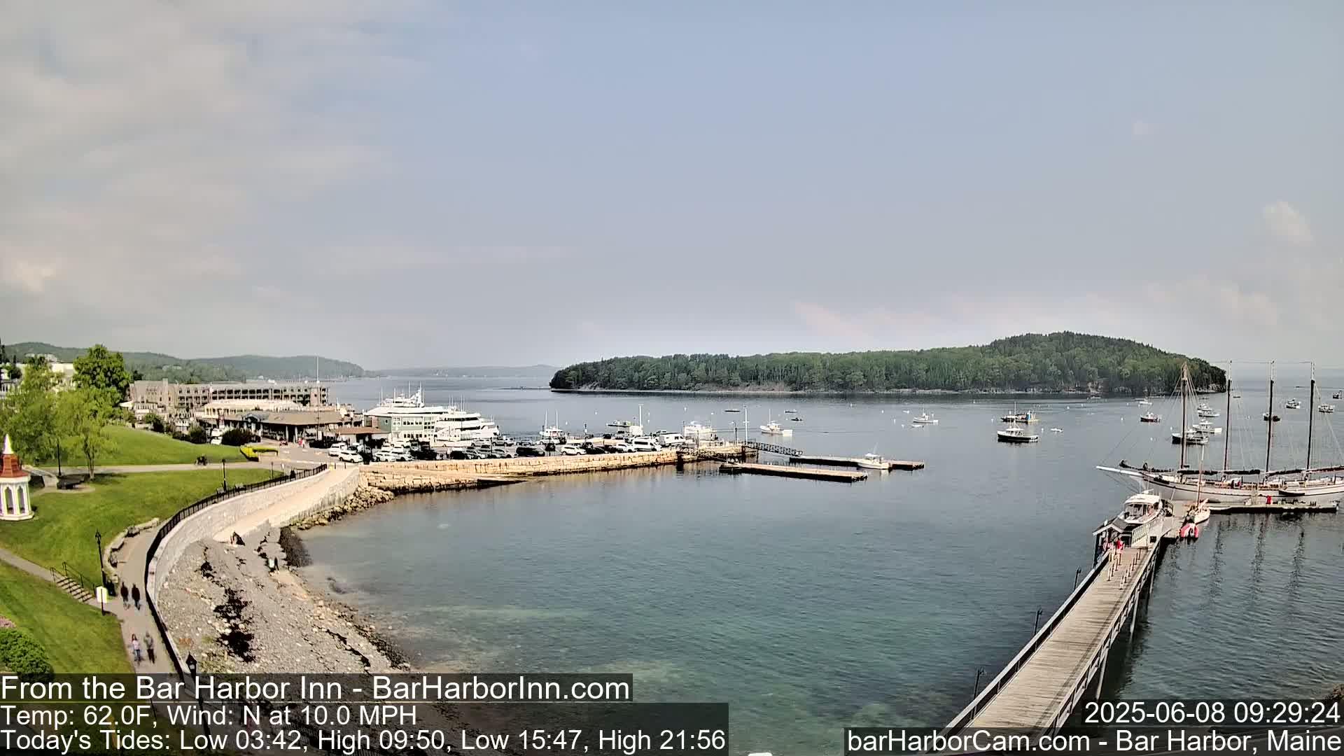 A harbor filled with boats on a partly sunny day, with a wooded island in the distance.