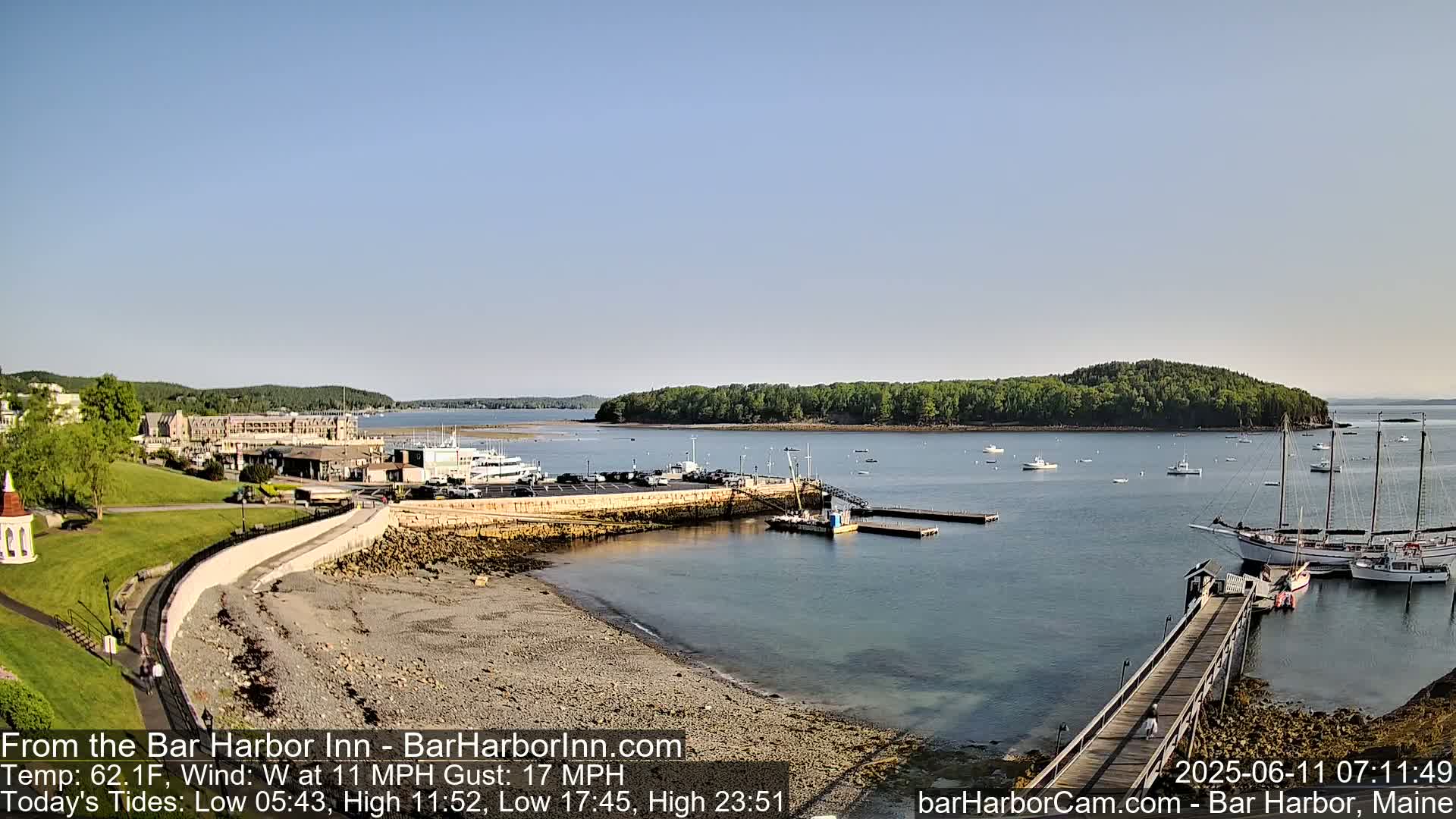 A harbor scene on a sunny day with a gentle westerly wind shows a calm body of water with several boats and a large building in the background.
