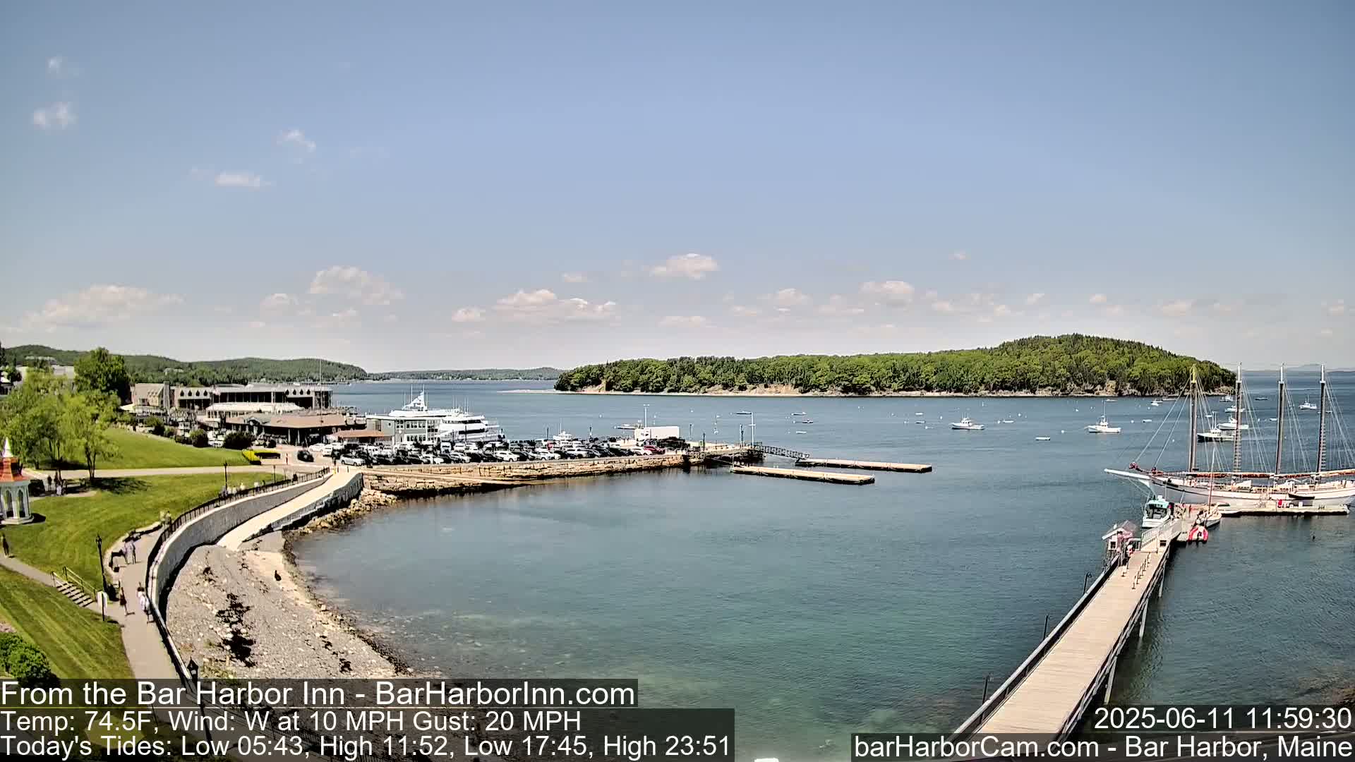 A harbor scene on a sunny day with a light west wind shows a waterfront area with buildings, parked cars, boats, and a long pier extending into the water.