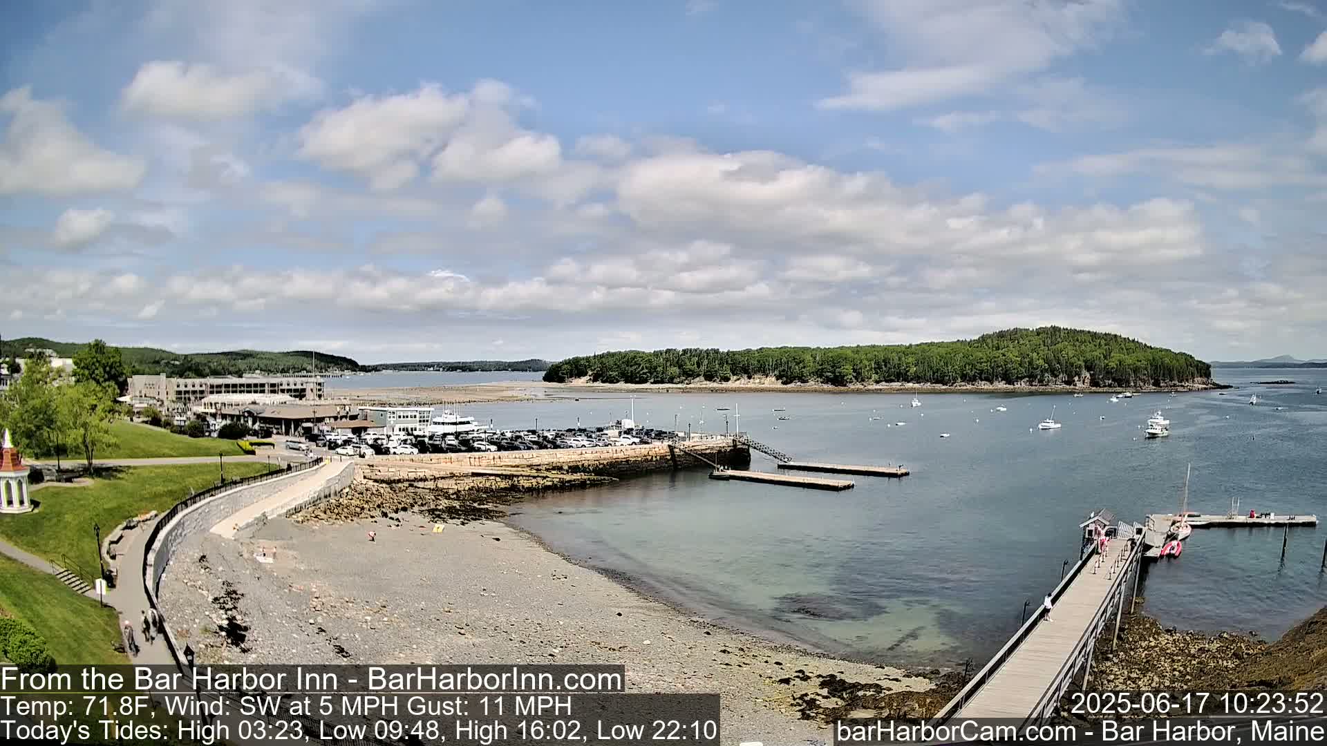 A partly cloudy day shows a rocky beach, harbor with boats, and a long pier extending into the water, with a building and green space visible in the background.