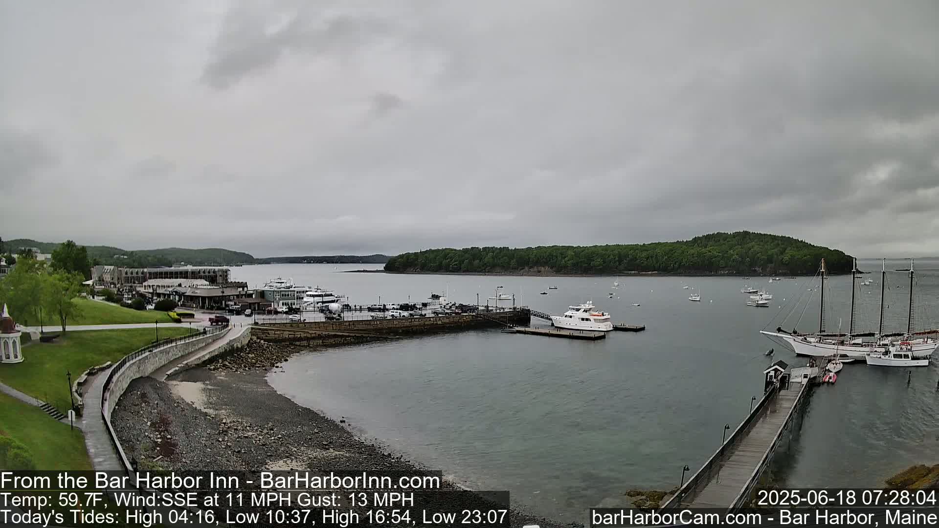 A harbor scene under an overcast sky shows a calm body of water with several boats and a large ship docked near a shoreline with buildings and a grassy area.