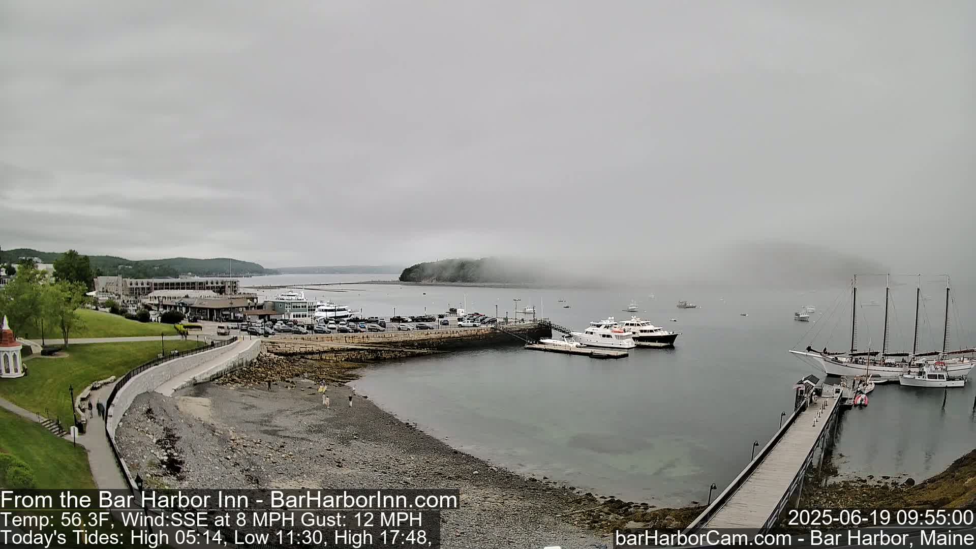 A foggy harbor scene shows a rocky shore with a pier, several boats docked, and buildings in the background.