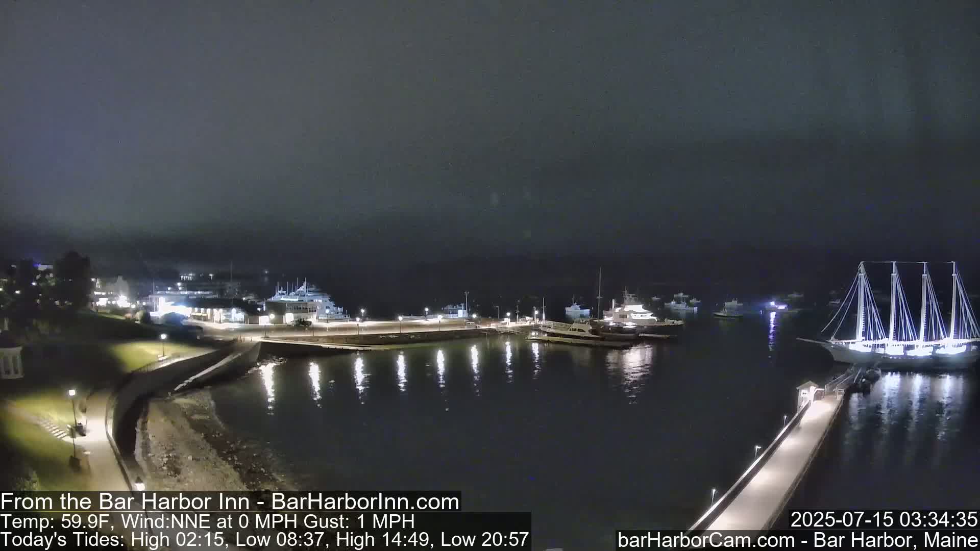 A nighttime harbor scene with calm water, numerous boats docked and afloat, and a nearly overcast sky.