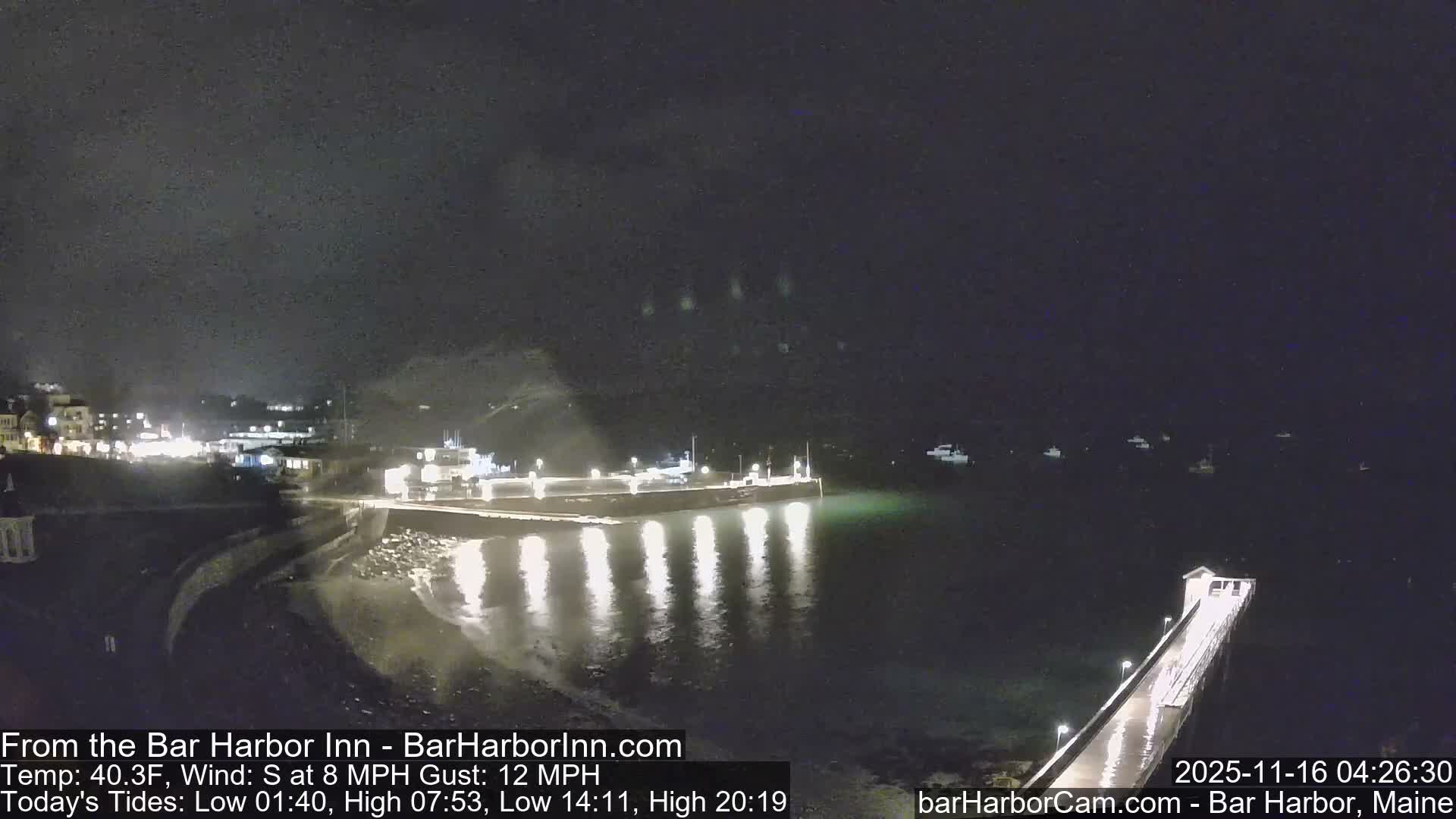 A nighttime panoramic view captures a brightly lit coastal town with a prominent dock and pier extending into the calm water, where reflections of lights shimmer under a dark, overcast sky.