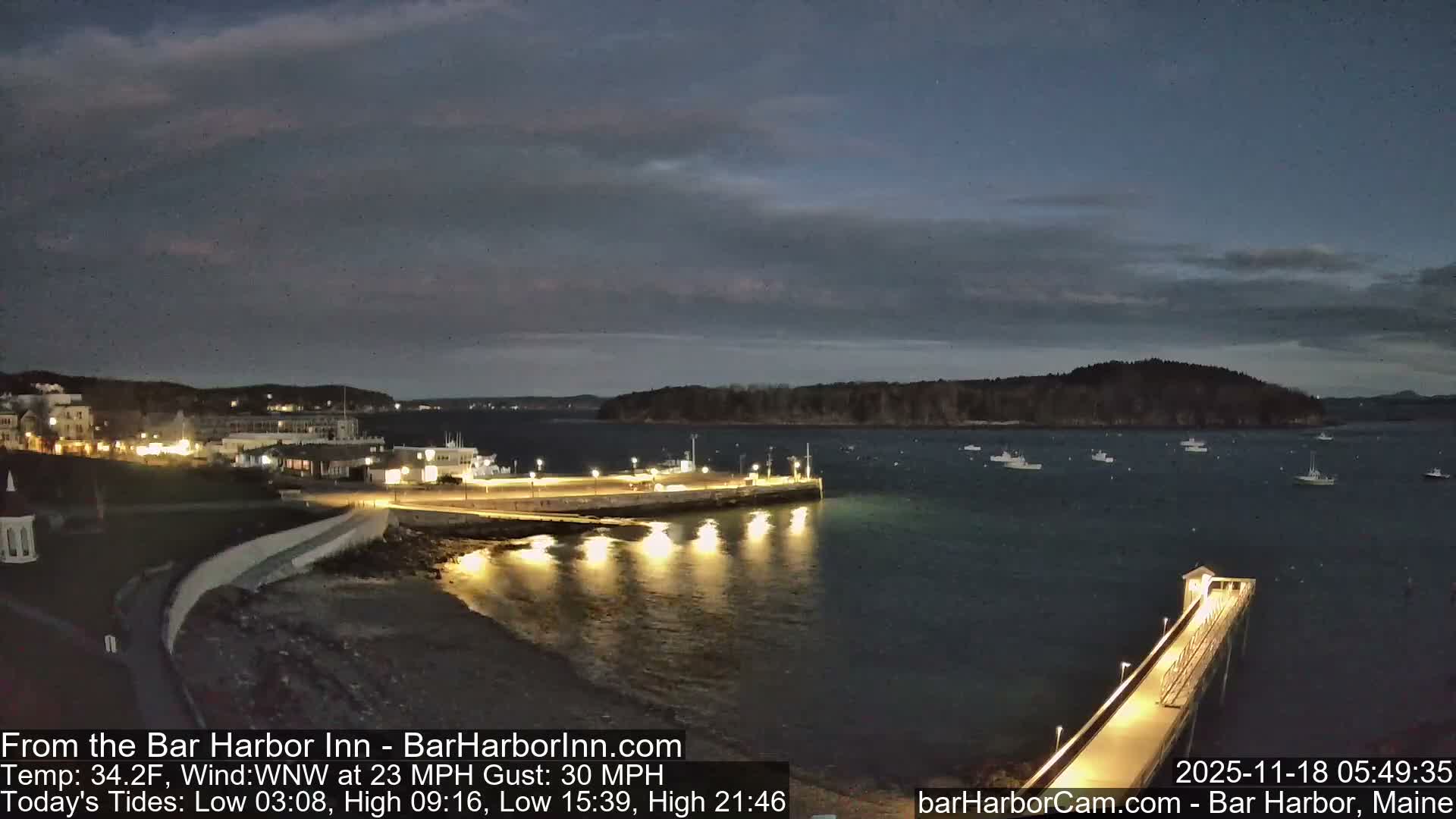 A nighttime panoramic view captures a brightly lit coastal town with a prominent dock and pier extending into the calm water, where reflections of lights shimmer under a dark, overcast sky.
