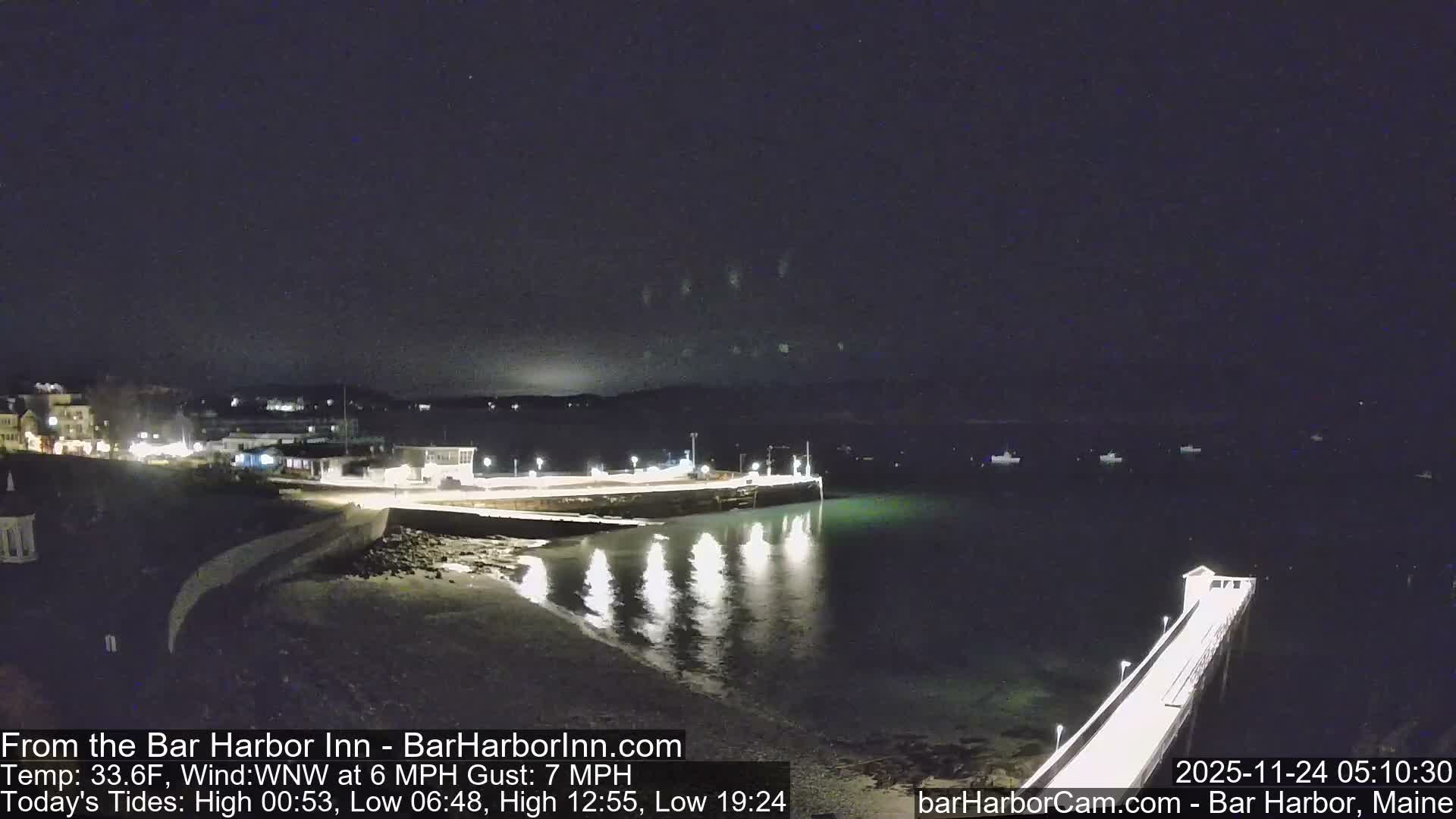 A nighttime view of a tranquil harbor reveals a brightly lit town along the shore, with piers extending into the calm, reflective water where several boats are moored, all under a clear dark sky.