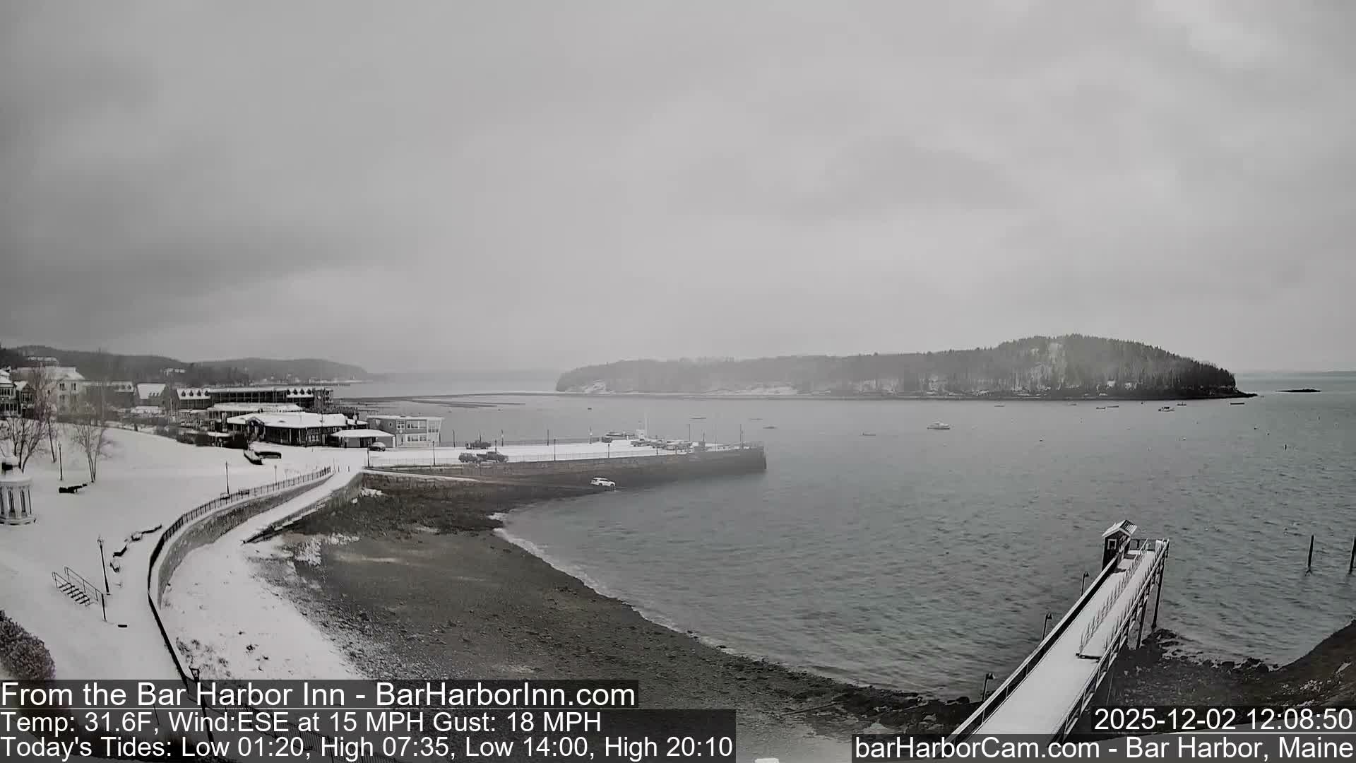 A snow-covered coastal town with buildings, piers, and a winding shore path lines a calm bay under a grey and overcast winter sky.