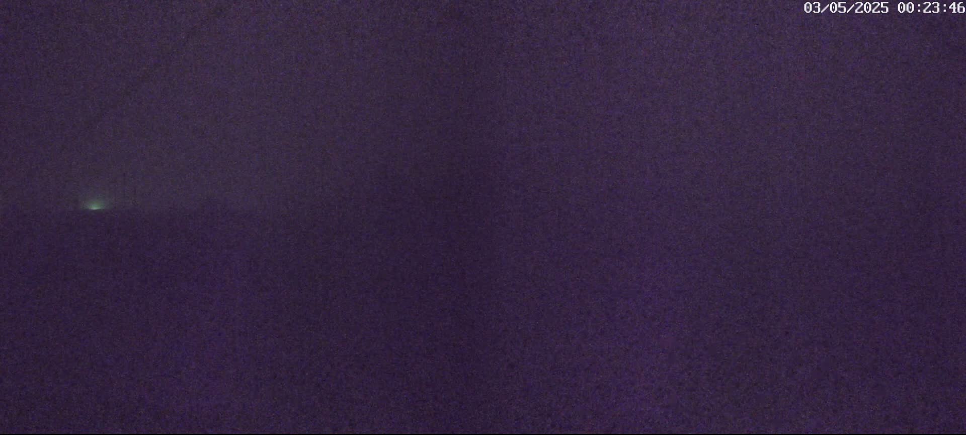 A small, faint green light is visible on the horizon of a dark purple, possibly foggy, nighttime sky.