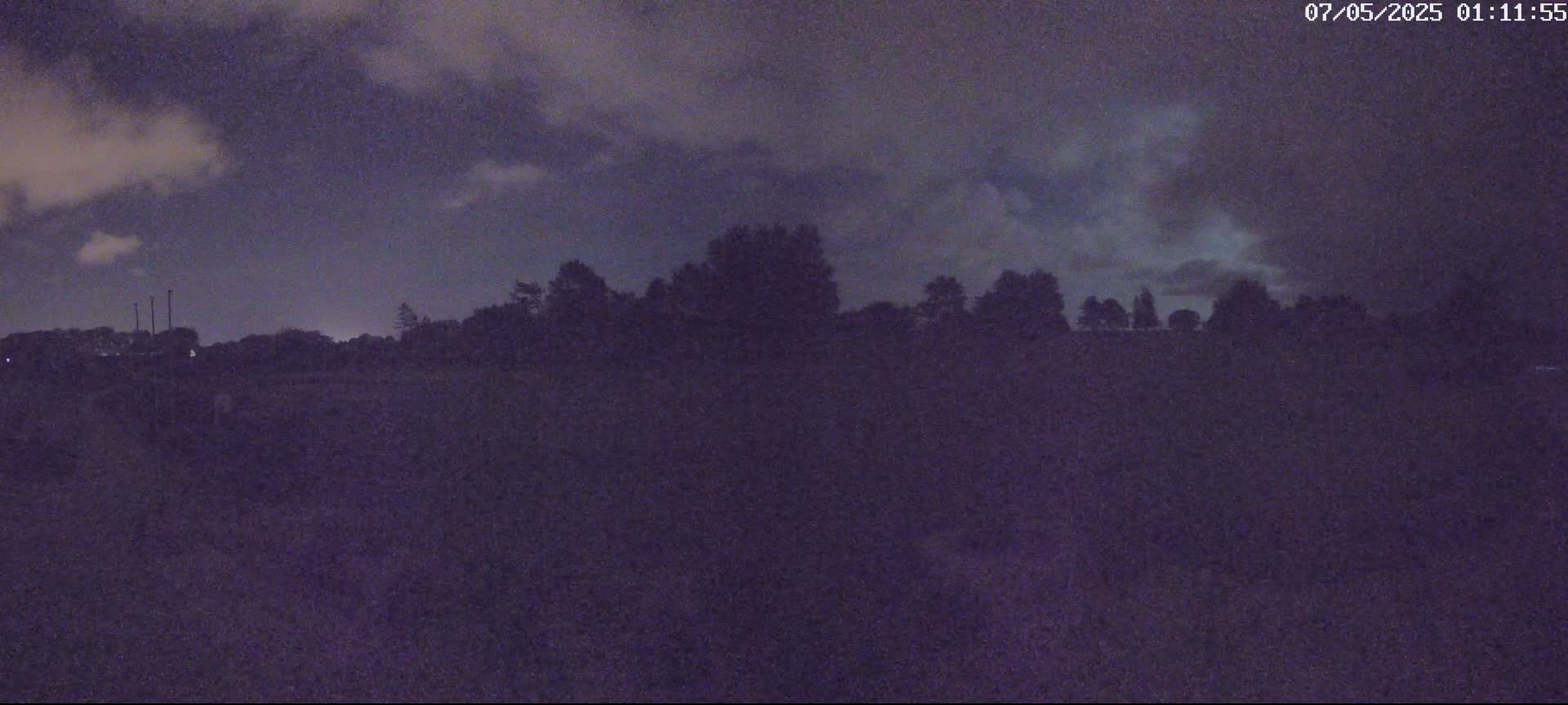A dark, overcast night sky looms over a silhouetted line of trees and a field.
