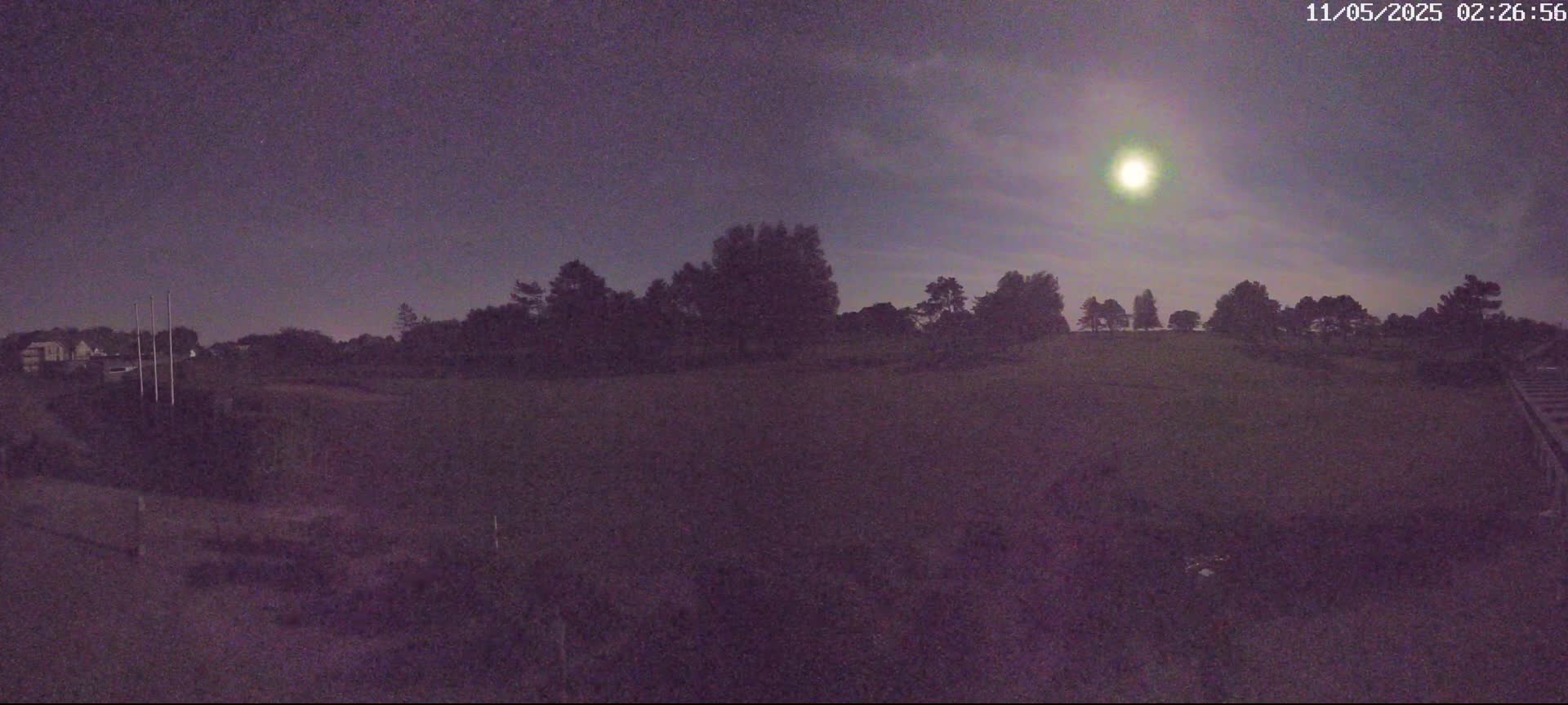 A bright moon illuminates a dark, flat field with a line of silhouetted trees in the background under a mostly clear night sky.