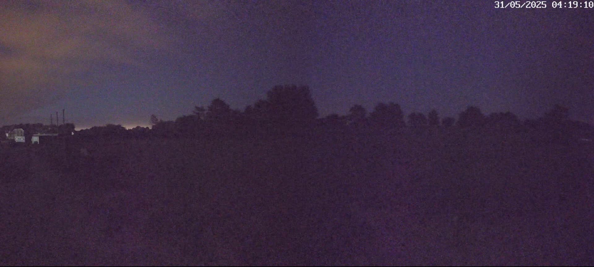 A dark, silhouetted treeline is visible against a twilight sky.