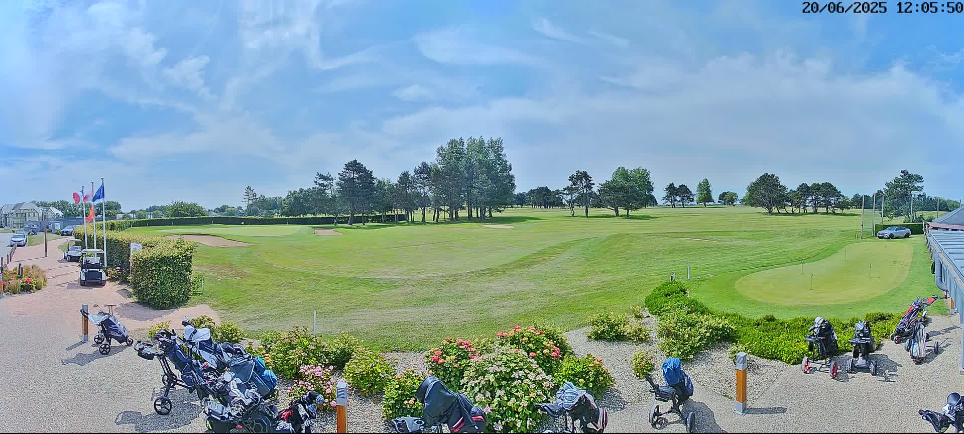 A sunny day at a golf course shows a green fairway, putting green, several golf carts, and bags of clubs near flowering bushes.