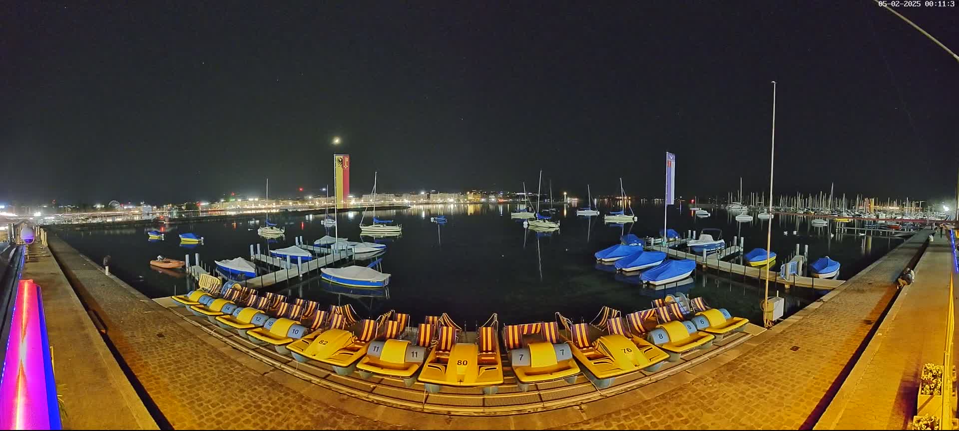 Under a clear, starlit night sky, a calm body of water is filled with numerous boats and docked pedal boats, with a city's lights visible in the distance.