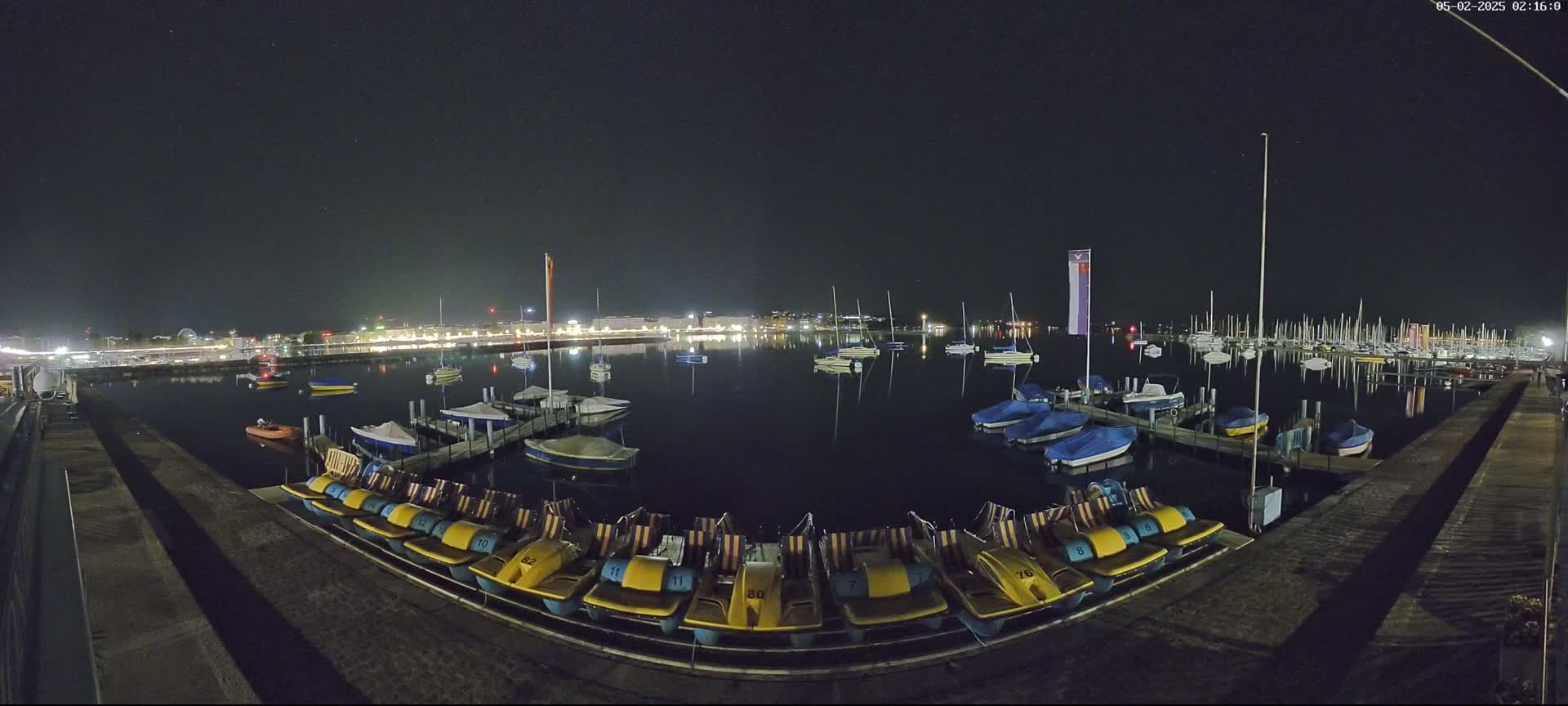A nighttime view of a calm harbor with numerous boats docked, including a row of pedal boats, under a clear, starry sky.
