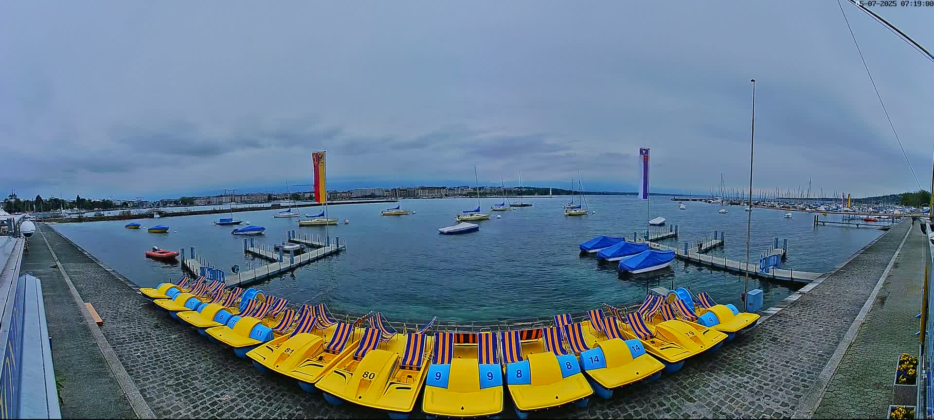 A calm body of water with numerous boats and pedal boats docked along a stone walkway under an overcast sky.