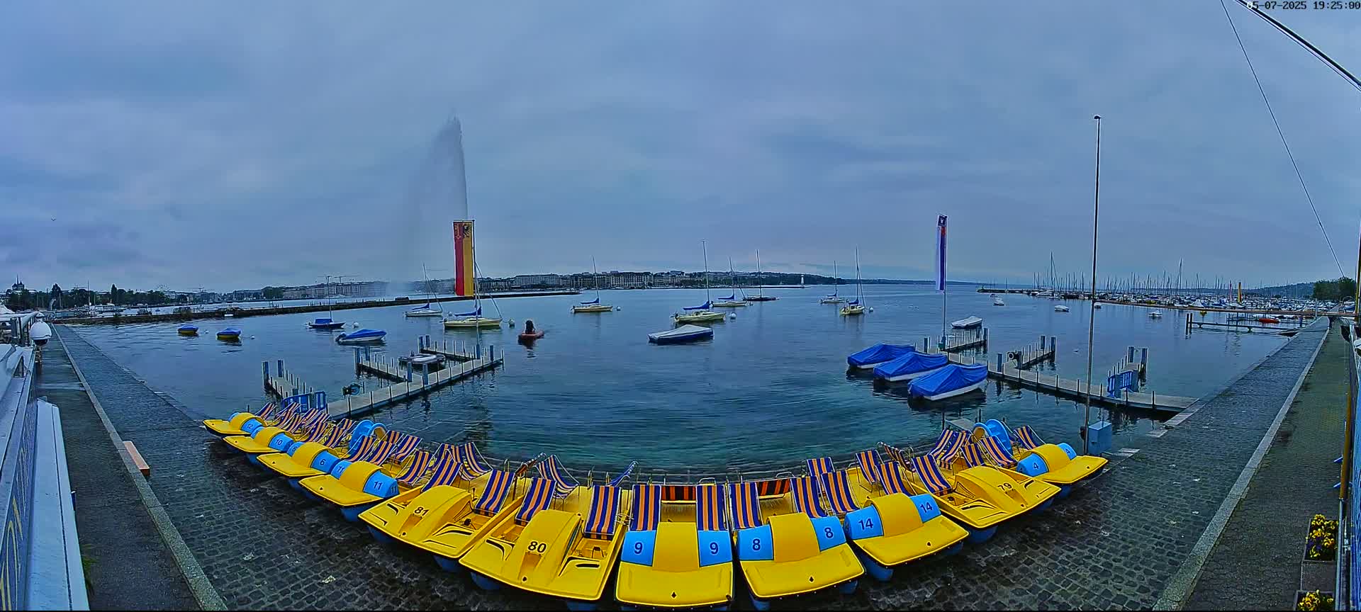 A calm lake with numerous small boats and paddle boats docked, a large fountain in the distance, under an overcast sky.