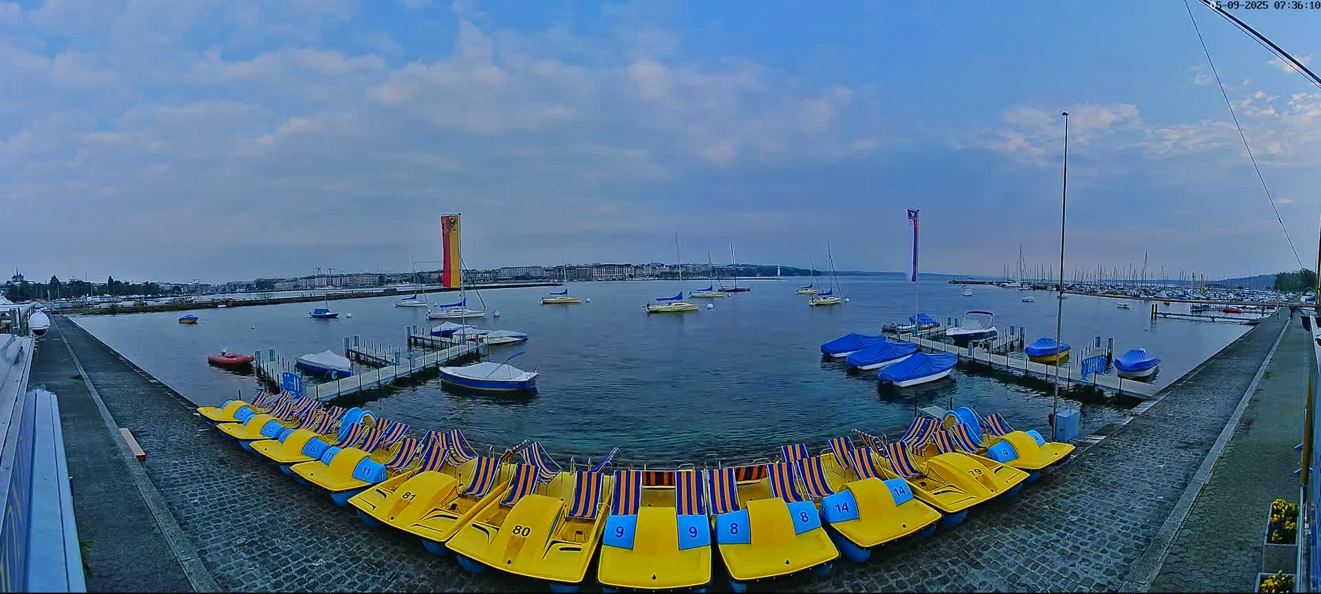 A calm body of water with numerous sailboats and pedal boats, under a partly cloudy sky.