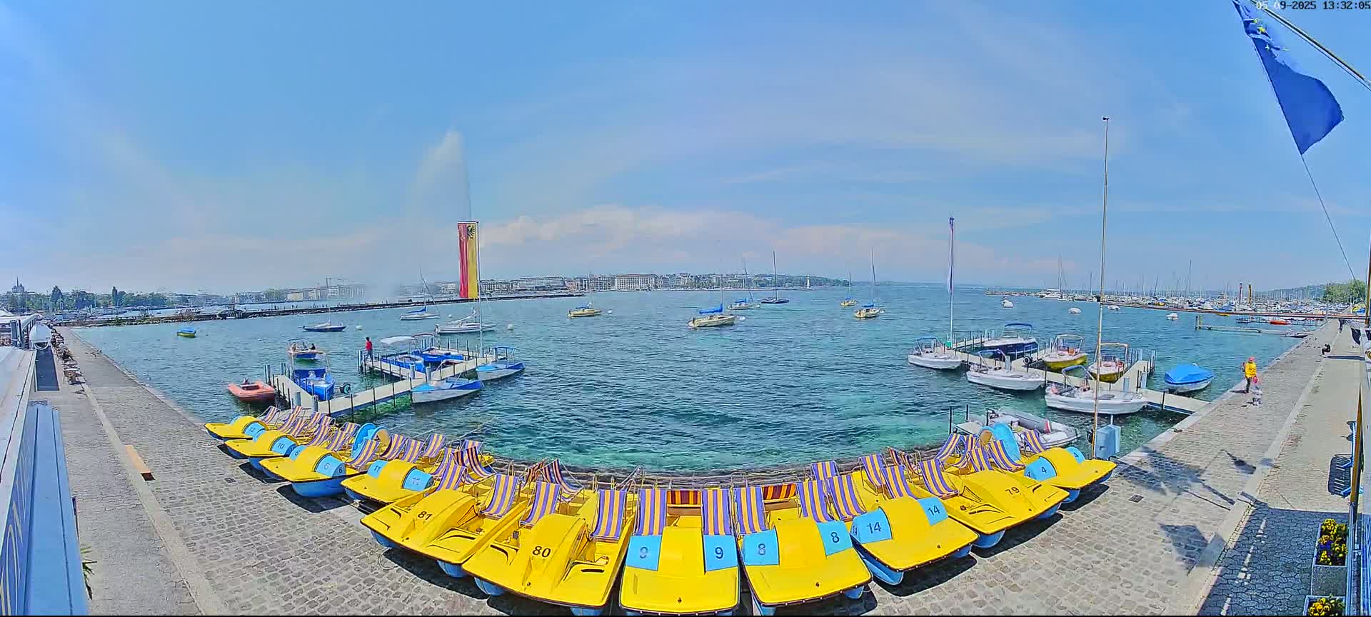 A sunny day at a harbor shows numerous small boats docked, with pedal boats lined up along a stone walkway, and a large water fountain visible in the distance.