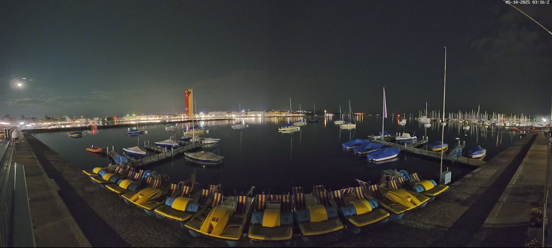A moonlit nighttime harbor scene shows numerous docked sailboats and pedal boats, with a city skyline visible in the distance.