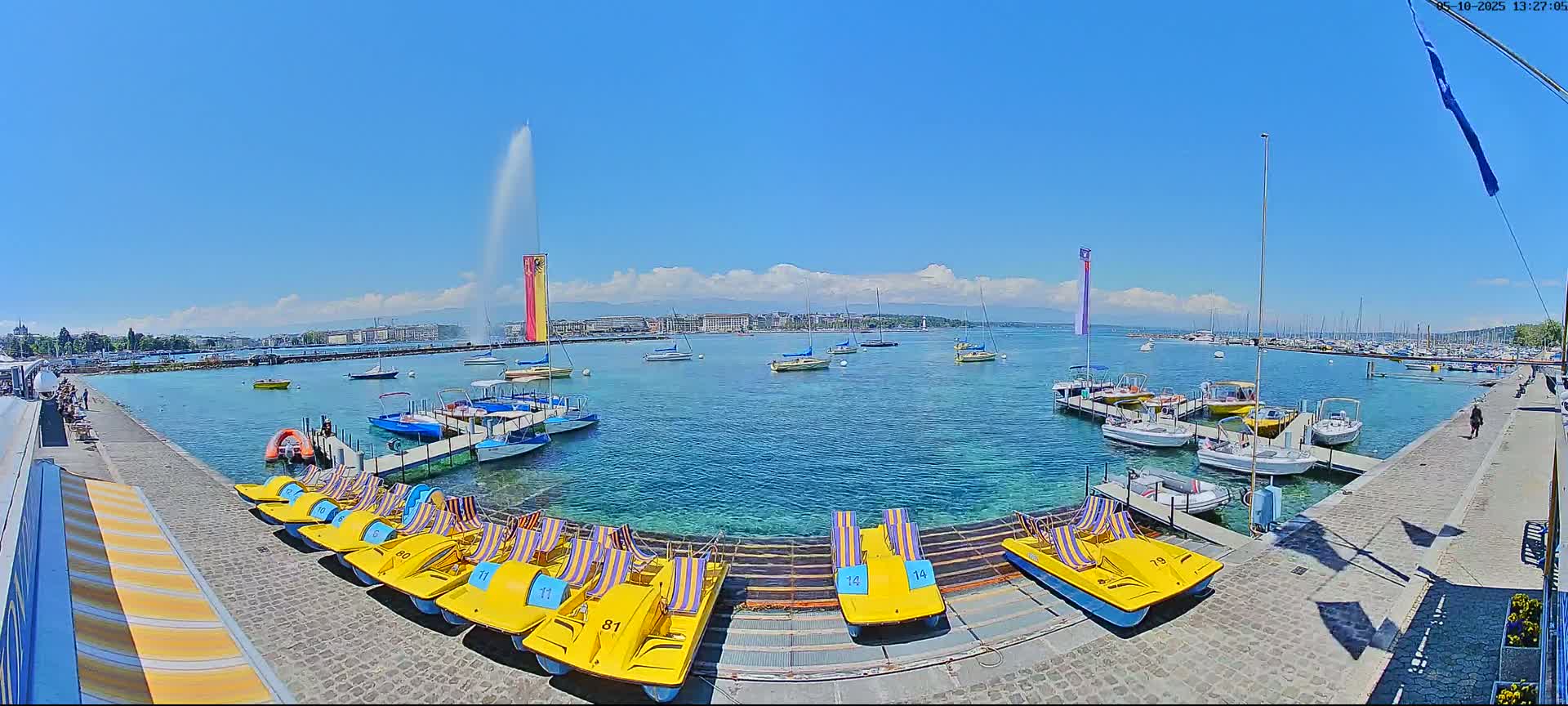 A sunny day shows a harbor filled with boats and pedal boats, a large fountain spraying water in the background, and a city skyline in the distance.
