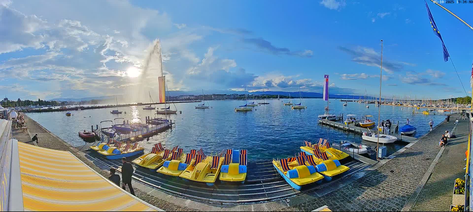 A lakefront scene on a partly sunny day shows a tall fountain spraying water, numerous small boats and pedal boats docked, and a city skyline in the distance.