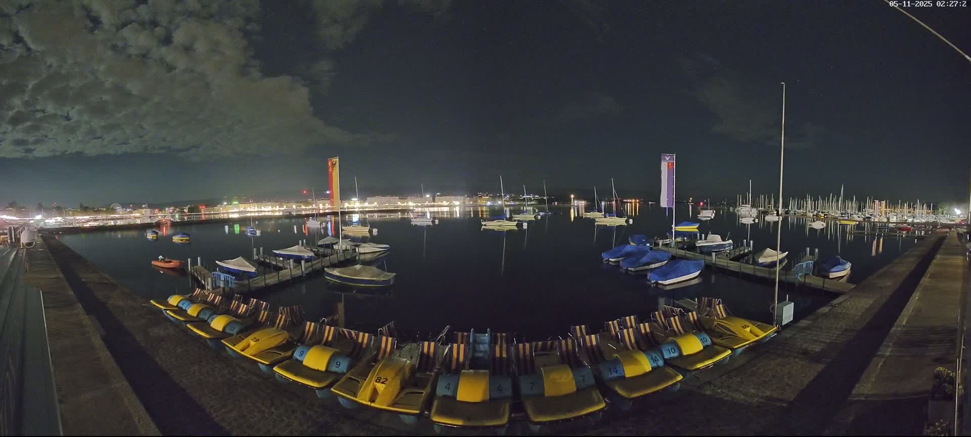 A nighttime view of a calm body of water with numerous boats and pedal boats docked at a pier under a cloudy sky.