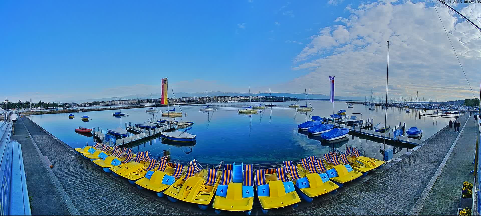 A calm, blue lake with numerous boats docked at a pier, under a partly cloudy sky, features paddle boats lined up along a cobblestone walkway.