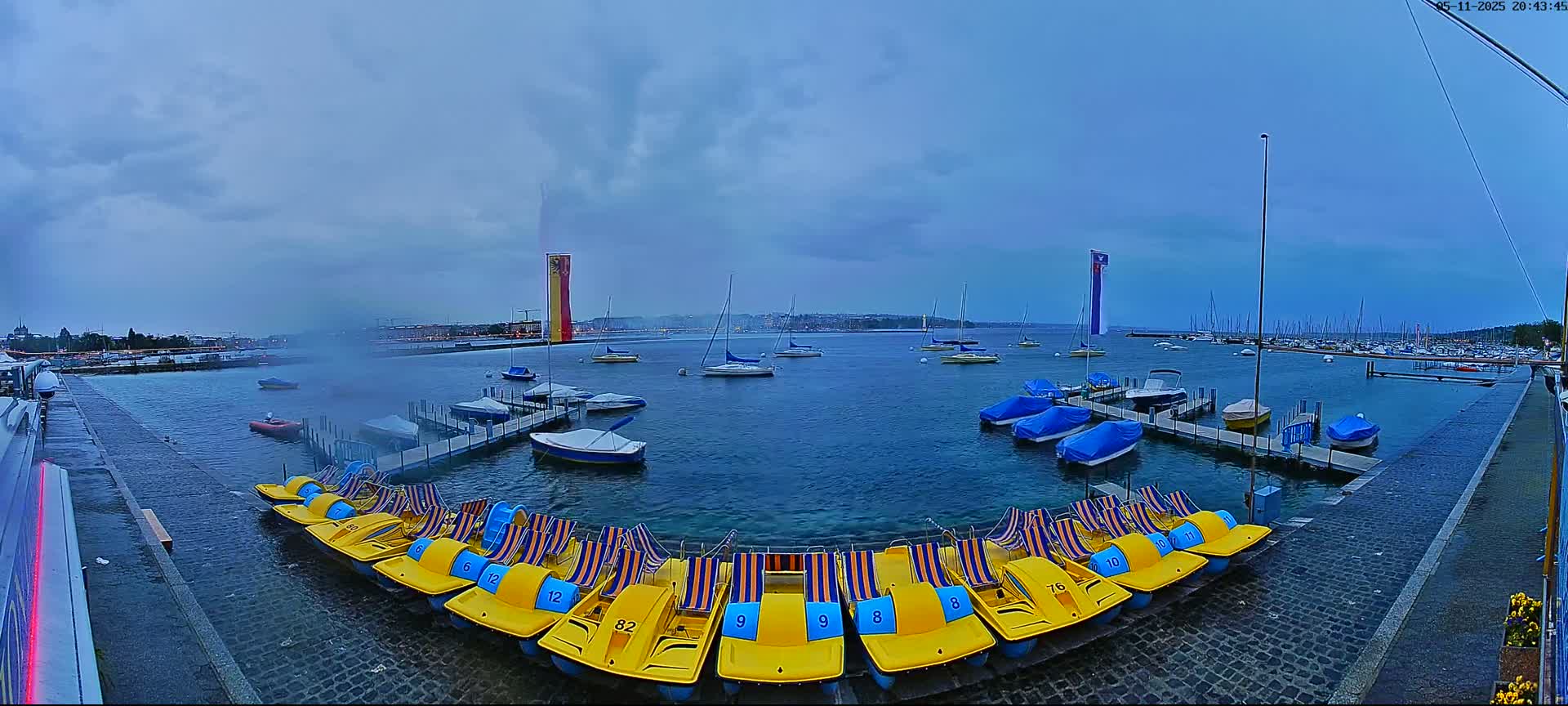 A calm body of water under an overcast sky shows numerous docked sailboats and yellow paddle boats, with two tall structures visible in the distance.