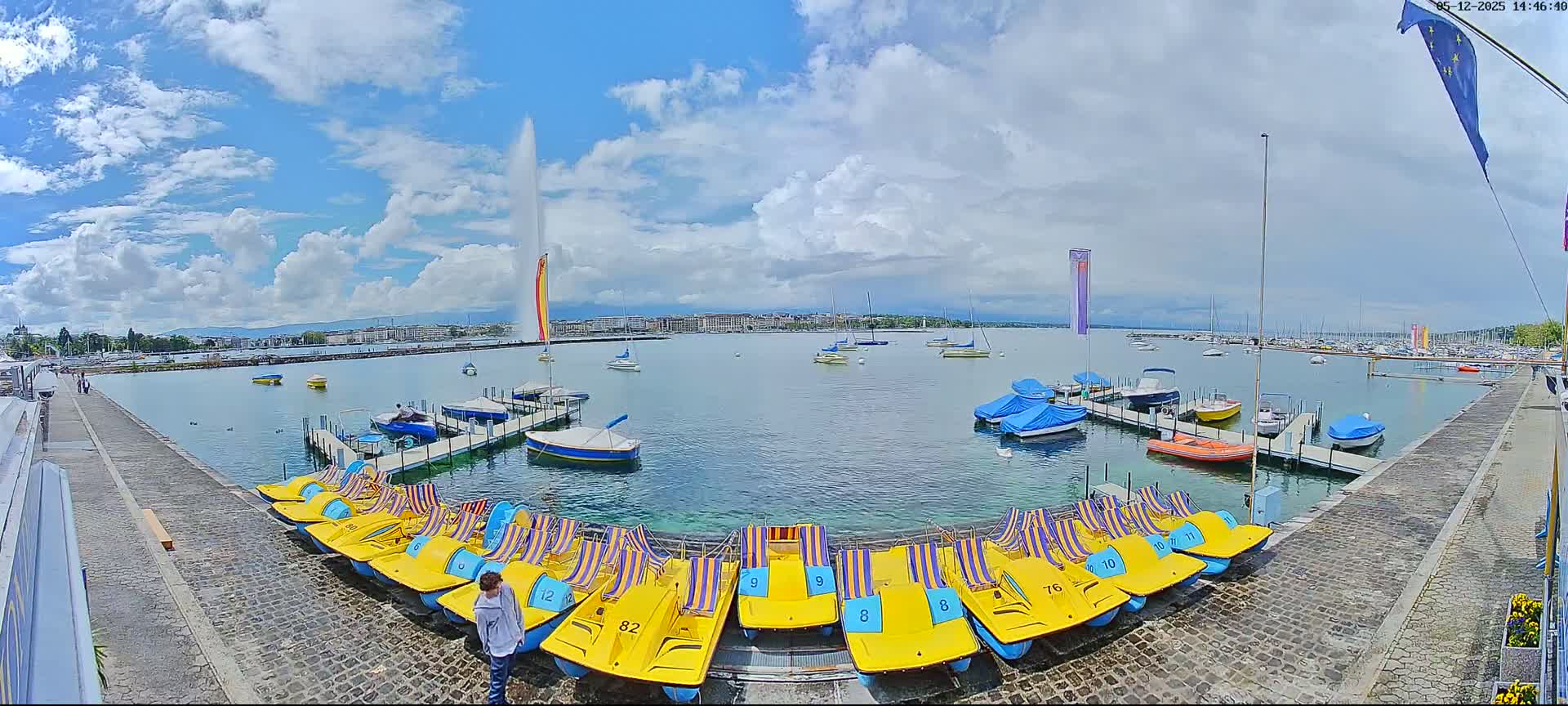A partly cloudy day shows a waterfront scene with numerous yellow paddle boats docked along a stone walkway, a water fountain in the distance, and several sailboats and motorboats on the water.