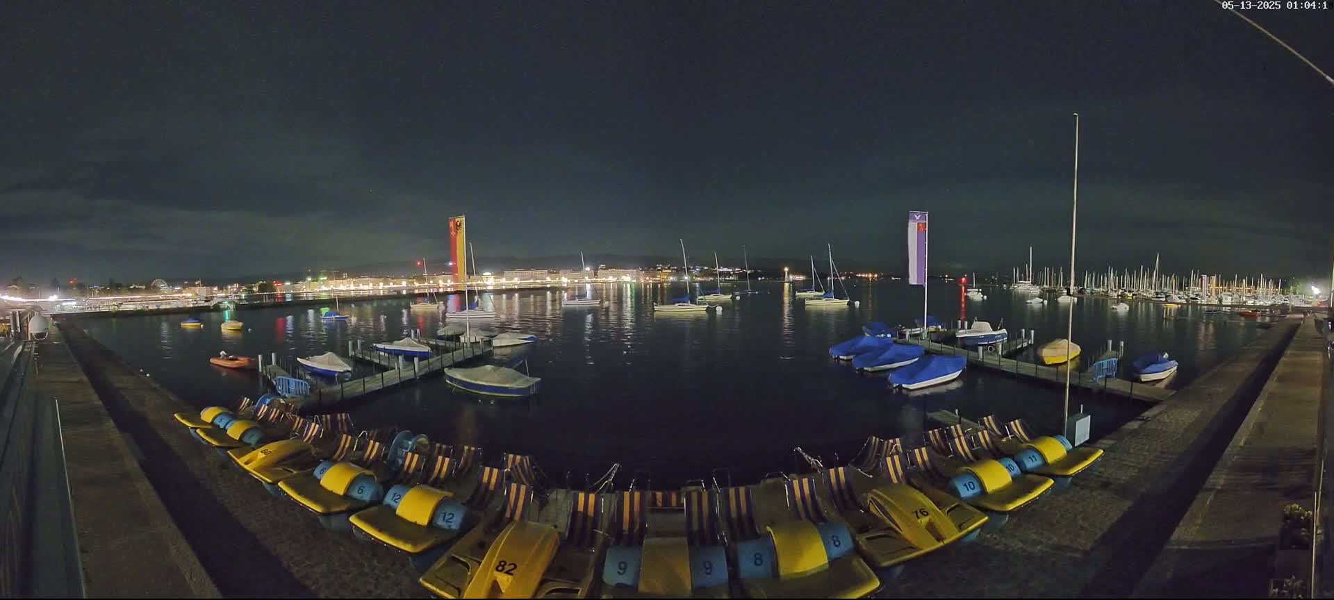 A nighttime view of a calm harbor with numerous boats, sailboats, and pedal boats docked along a pier, under a dark, clear sky.