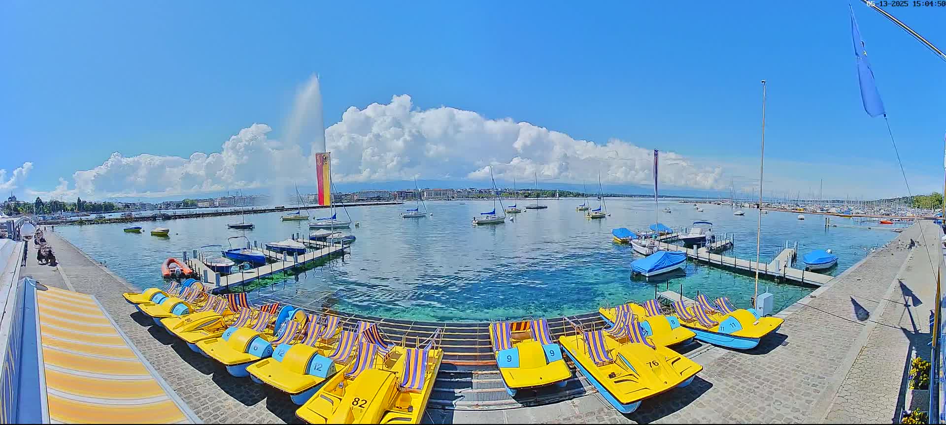 A sunny day on a lake with numerous boats and pedal boats docked, a large fountain spraying water in the background, and cumulus clouds in the sky.