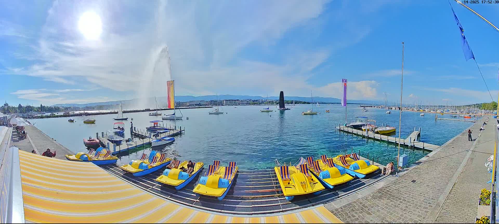 A sunny day on a lake shows a waterfront with numerous paddle boats, a water fountain spraying into the air, and various sailboats and other vessels in the distance.