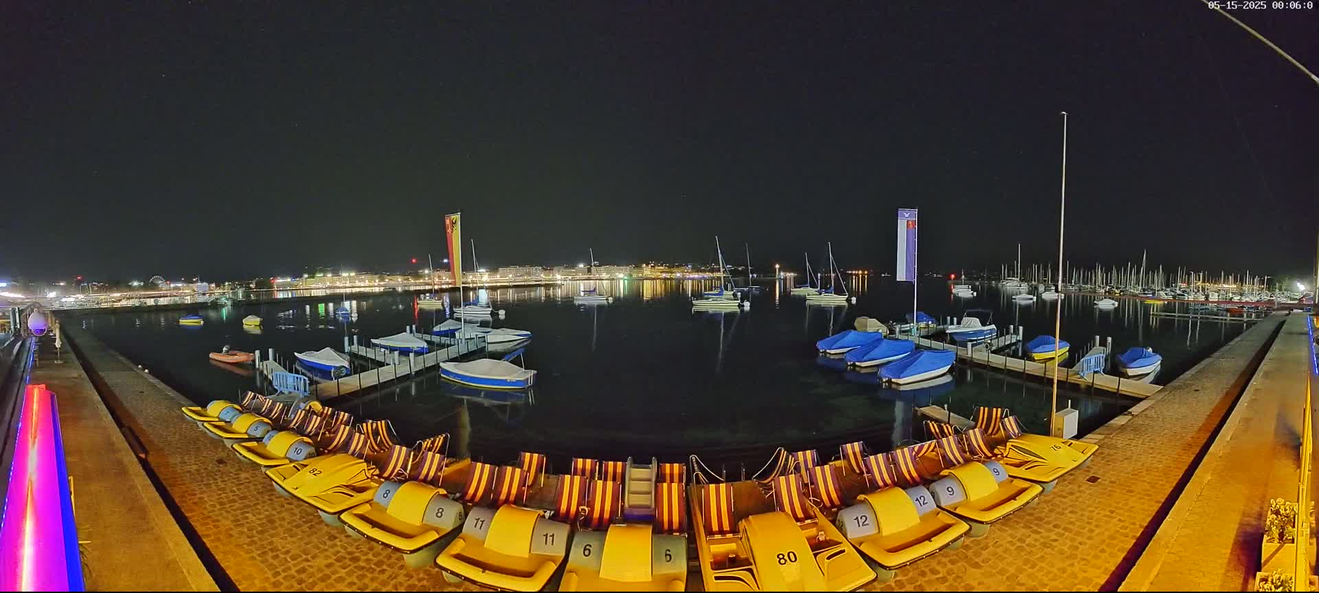 A nighttime view of a calm lake harbor with numerous boats and docked pedal boats under a clear, starry sky.