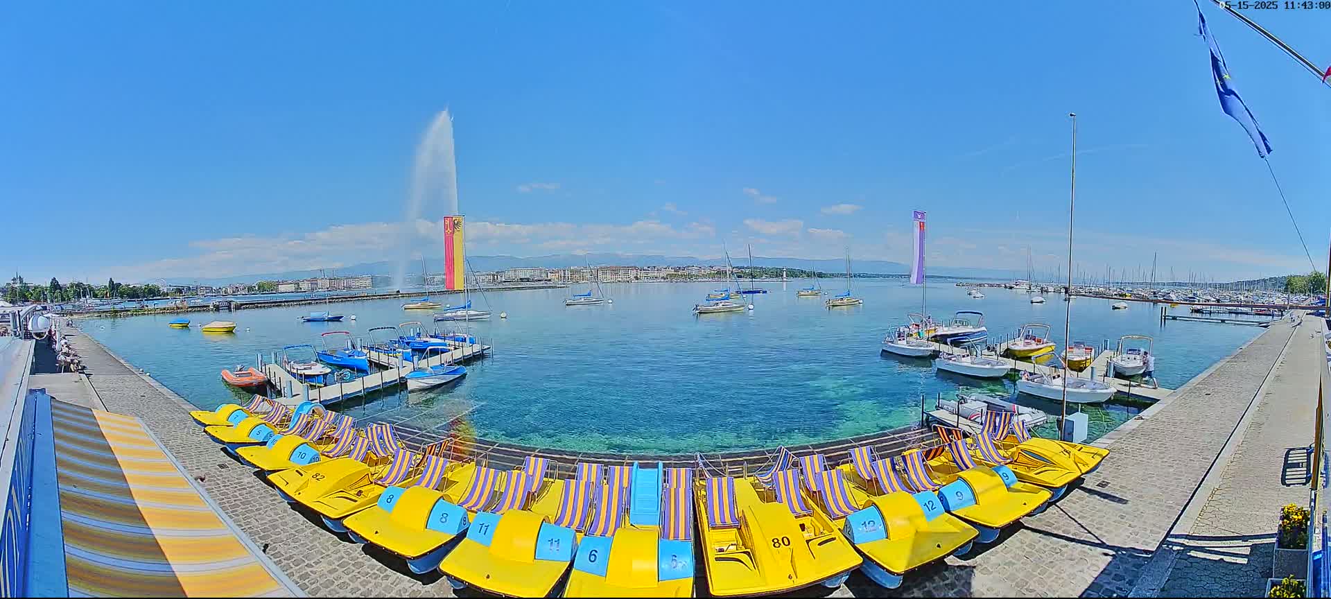 A sunny day on a lake shows numerous docked boats and paddle boats, with a tall fountain in the distance.