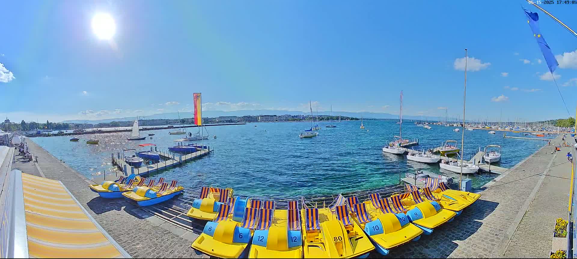 A sunny day on a lake shows a dock with several small yellow paddle boats, and a larger body of water with sailboats and other vessels in the distance.
