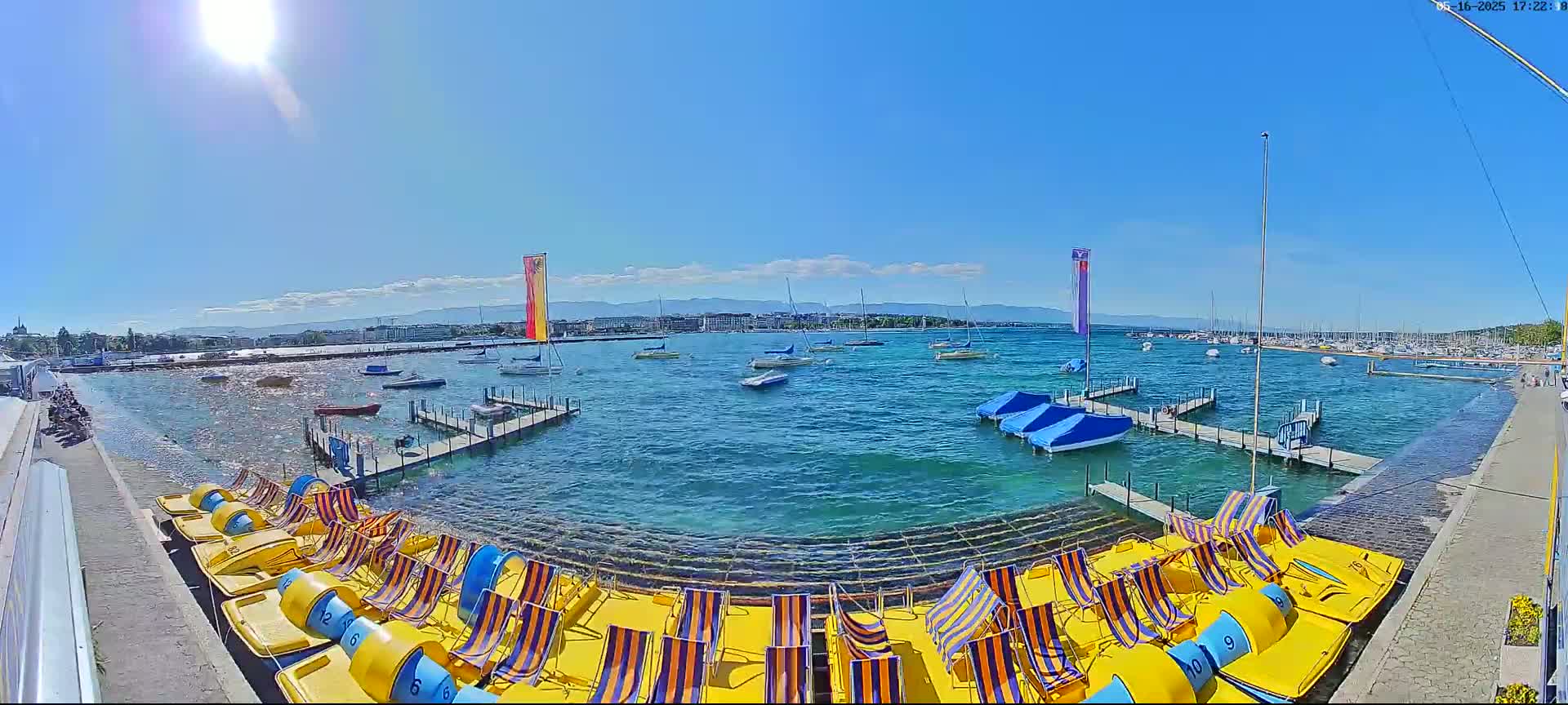 A sunny day at a lake shows many boats, several docks, and a row of yellow paddle boats with striped seats on the shore.