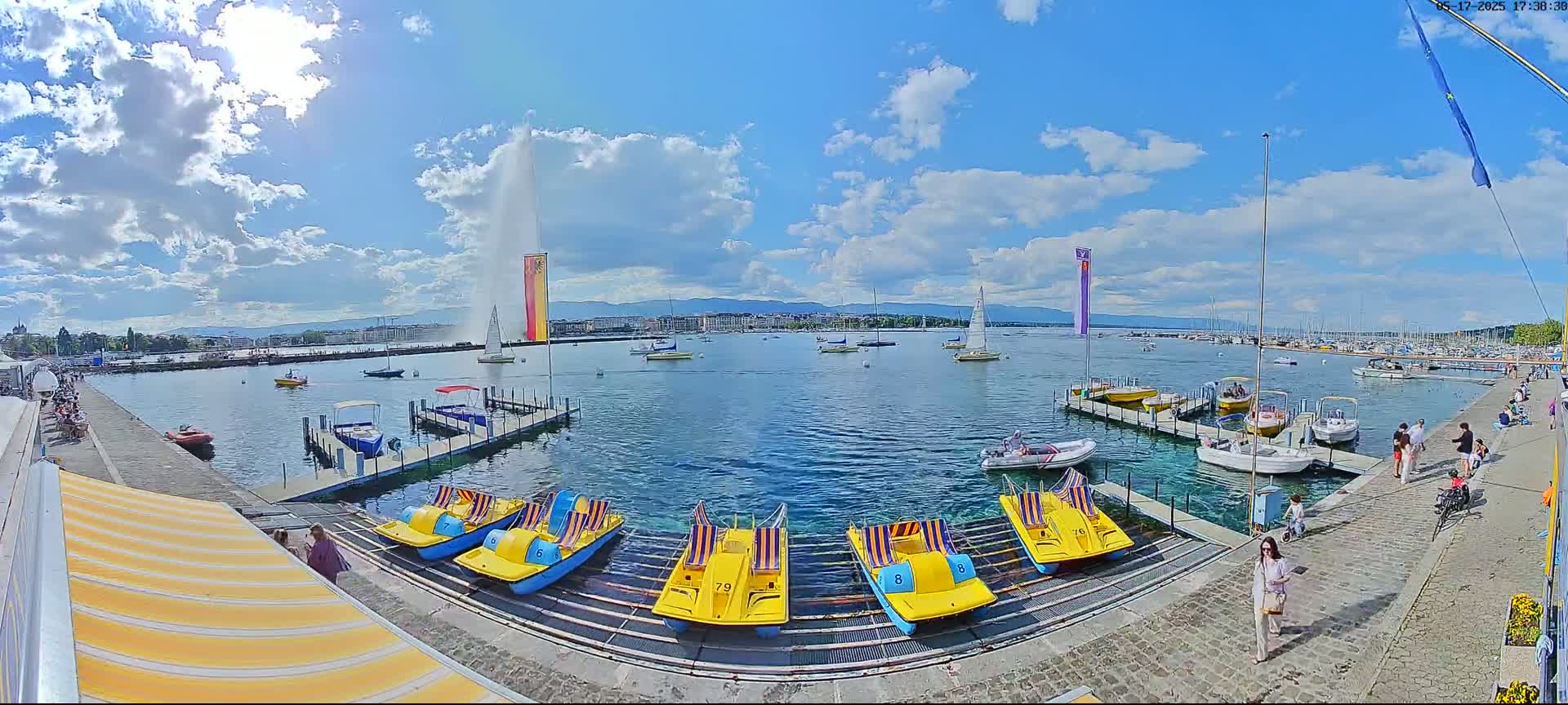 A sunny day on a lake shows numerous boats docked, pedal boats lined up on a pier, and a large water fountain in the distance.