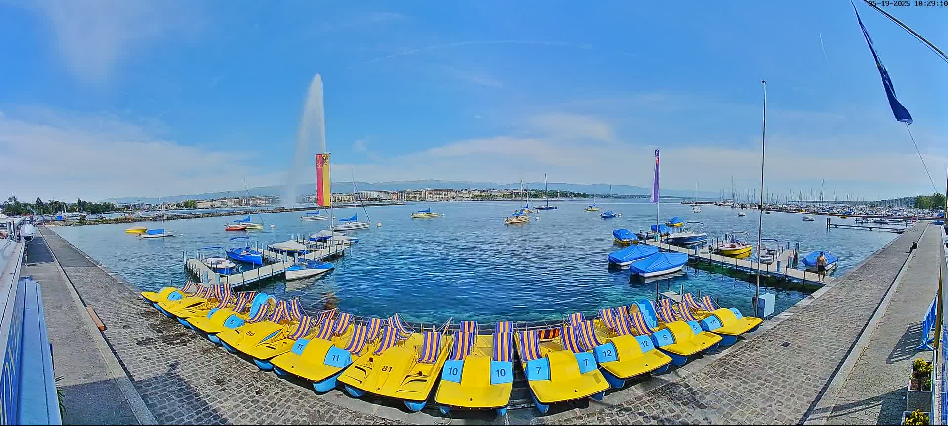 A harbor with numerous boats and paddle boats is shown under sunny skies, a large fountain is visible in the background.