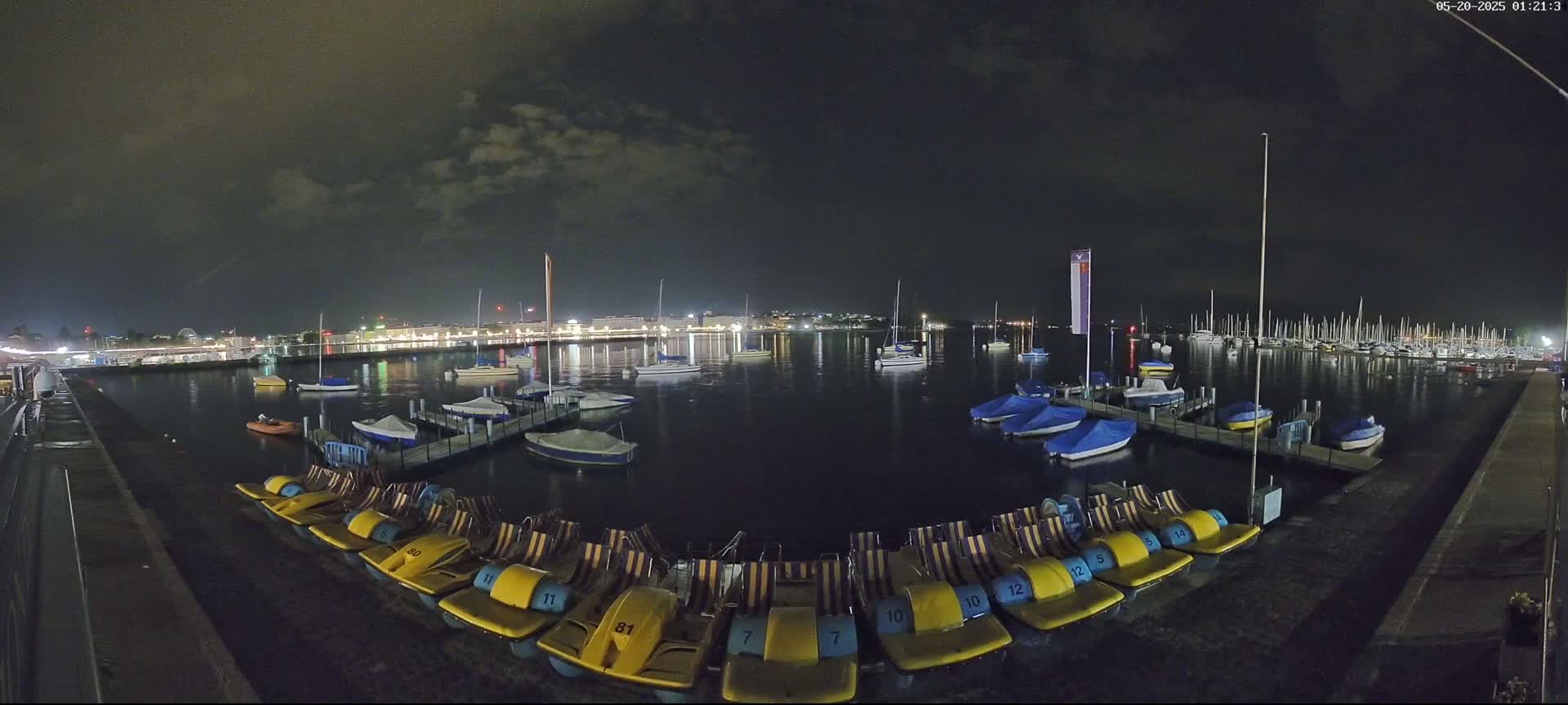 A nighttime view of a calm body of water with numerous boats and docked pedal boats under a partly cloudy sky.
