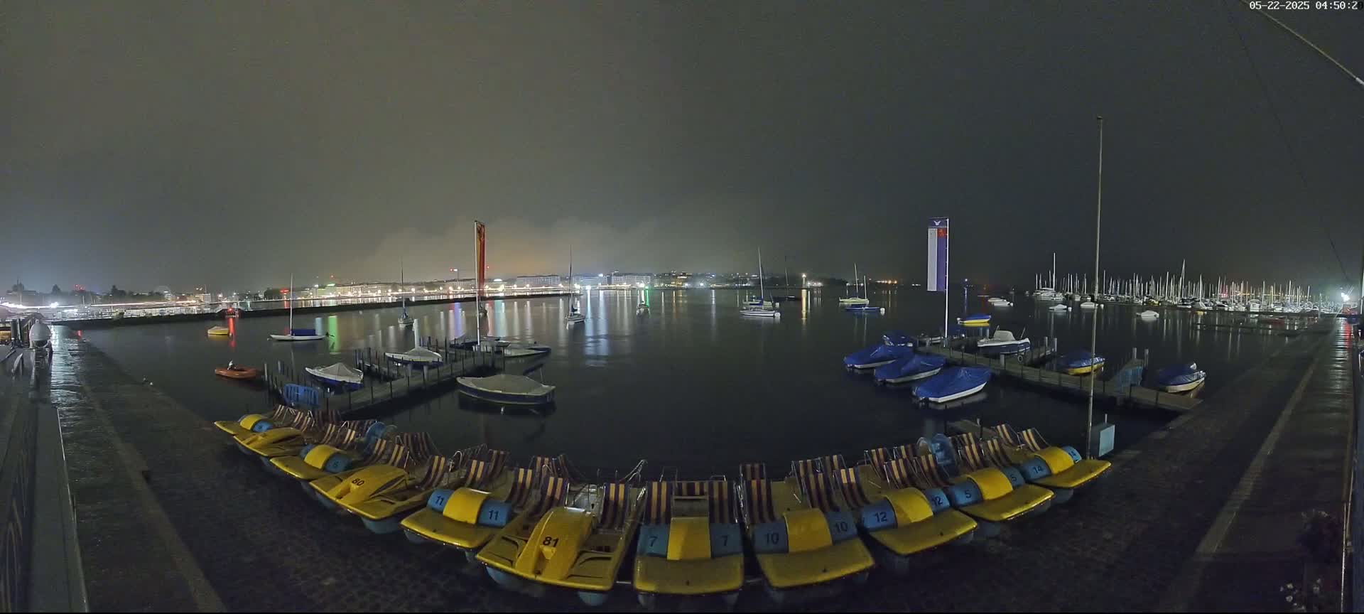 A nighttime view of a harbor with numerous boats and pedal boats docked under an overcast sky.