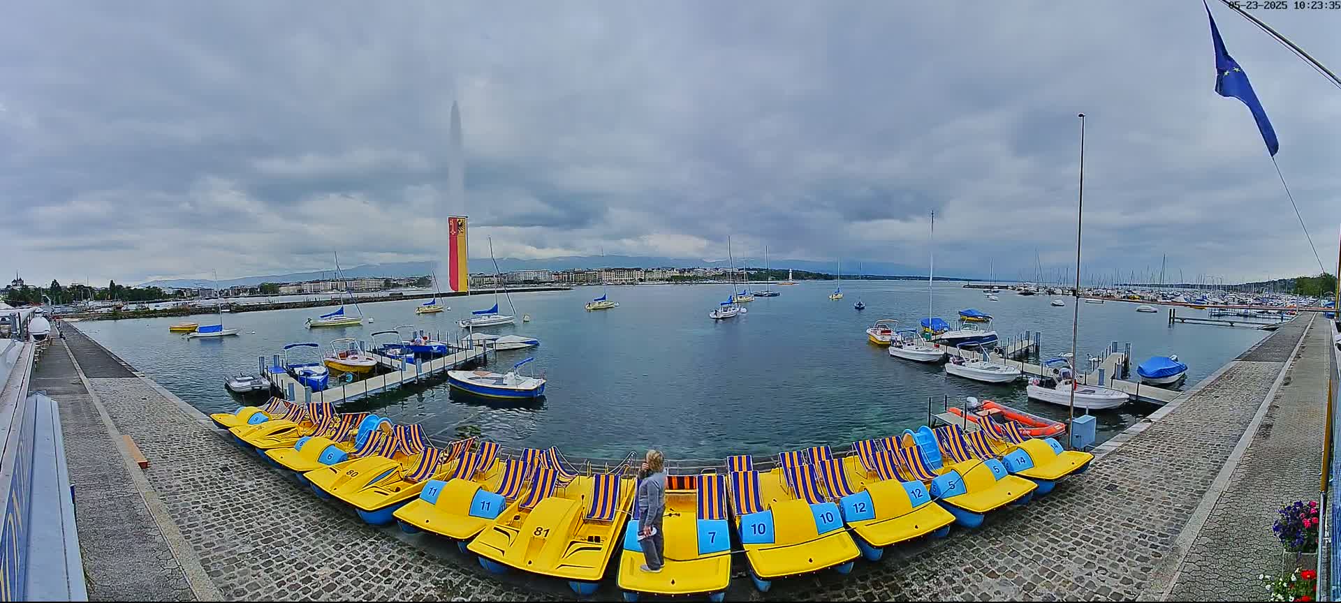 A person stands near a row of yellow paddle boats on a stone dock overlooking a calm lake with numerous boats and a distant city under a cloudy sky.