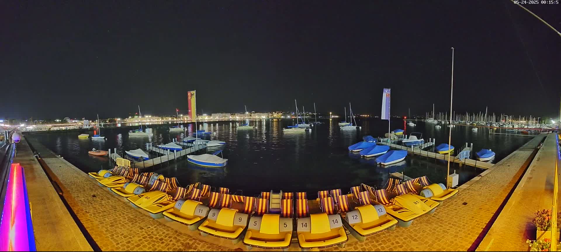 At night, under a clear sky, a calm body of water is filled with numerous boats and several yellow pedal boats docked at a pier, with a city skyline in the background.