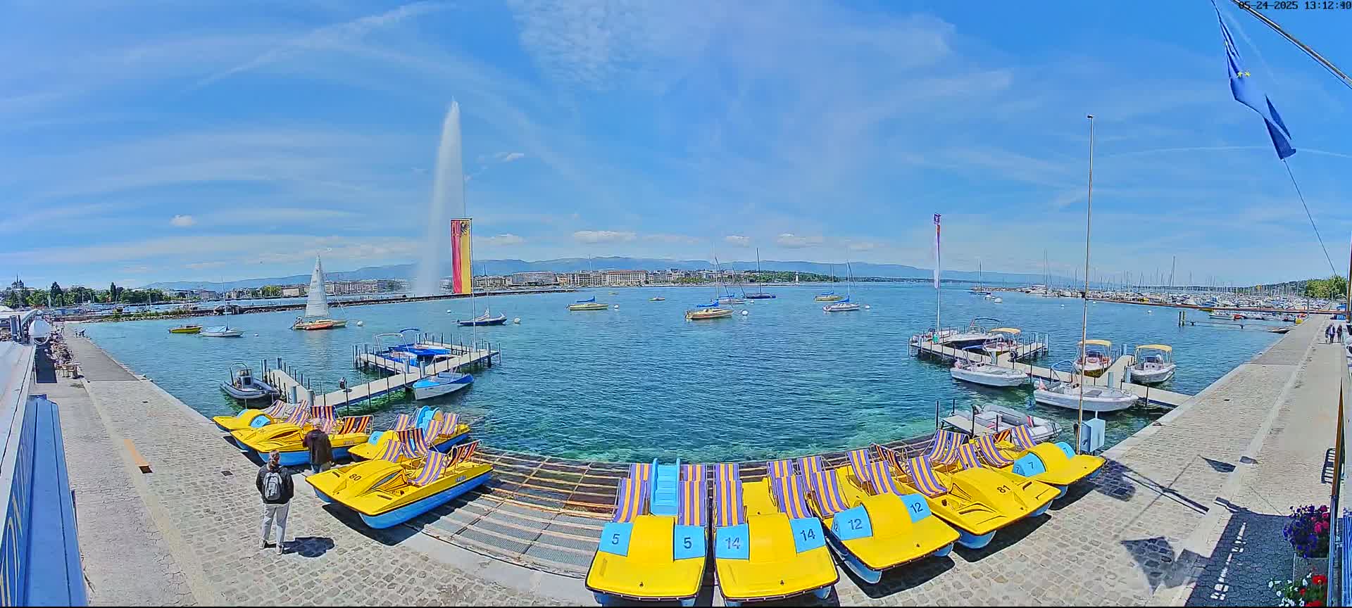 A sunny day on a lake shows a large fountain in the distance, numerous boats docked, and several paddle boats lined up on a stone walkway.