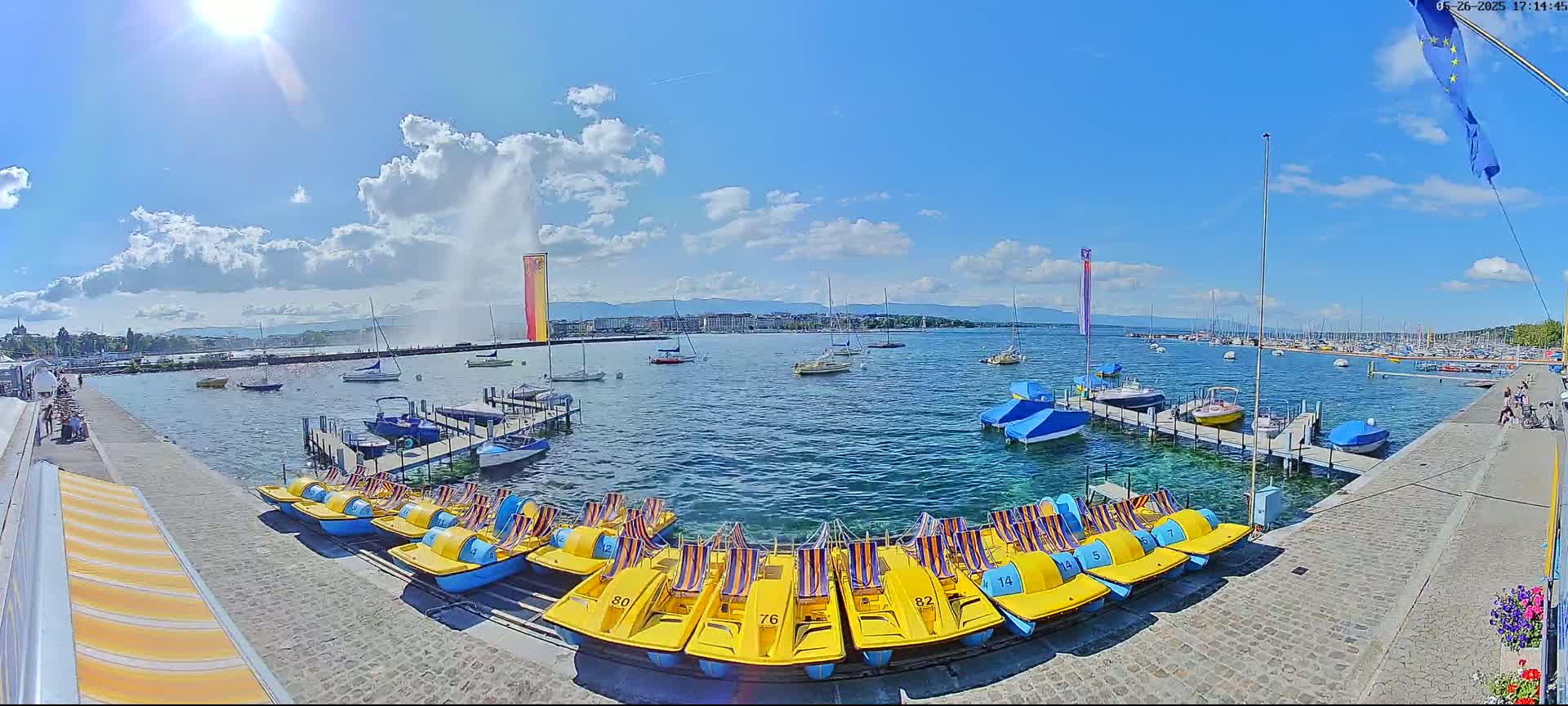 A sunny day on a lake shows a harbor with numerous docked sailboats and paddle boats, a water fountain in the distance, and a city skyline in the background.