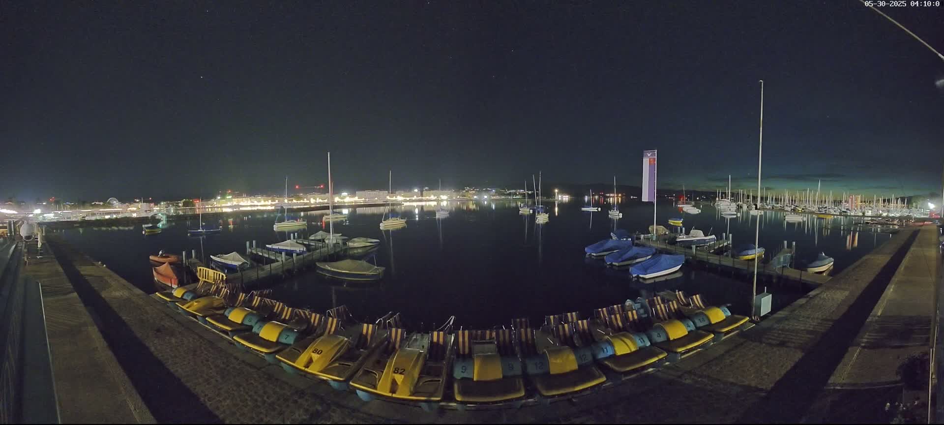 Numerous boats and pedal boats are moored at a dock at night under a clear, starry sky, with a brightly lit cityscape visible in the distance.