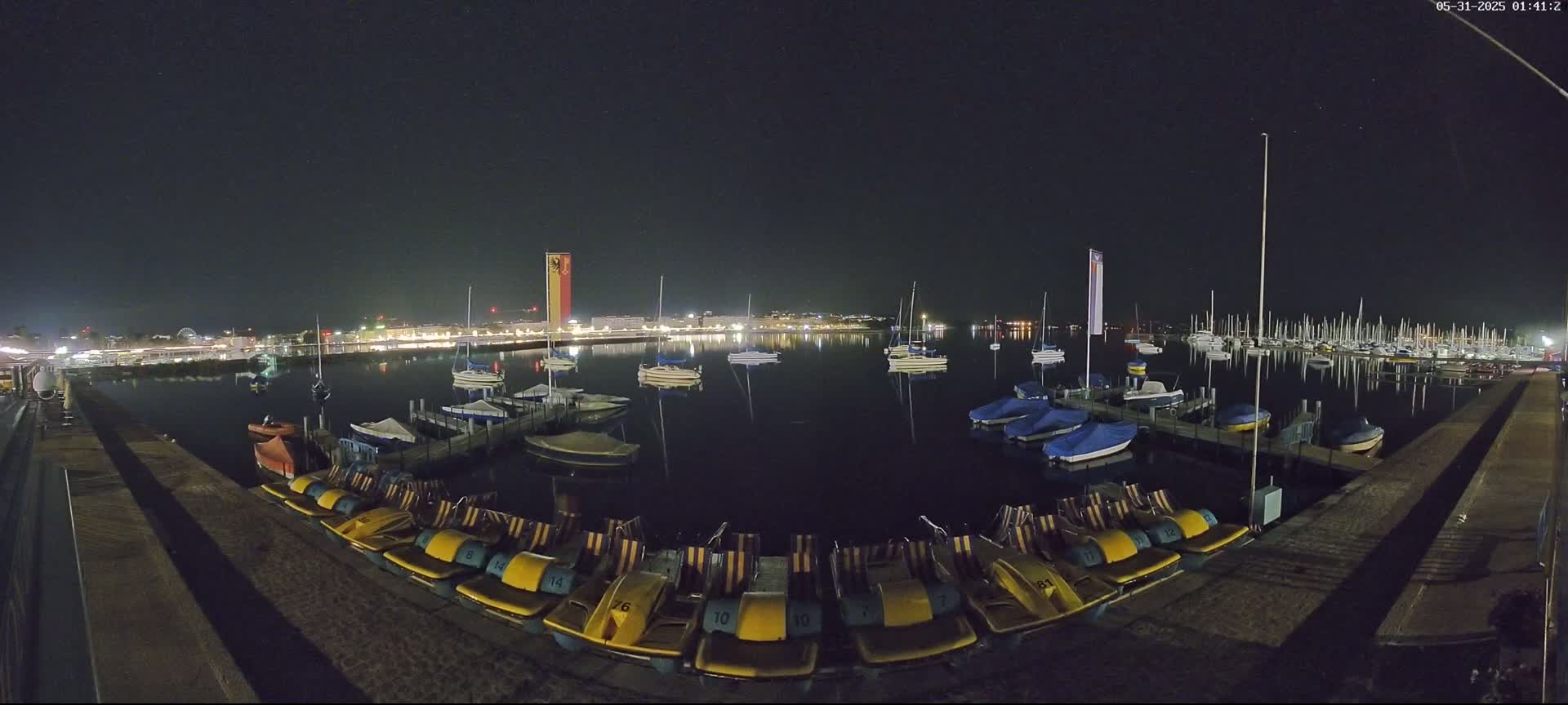 A nighttime view of a calm body of water with numerous boats and pedal boats docked, illuminated by lights from the shoreline.