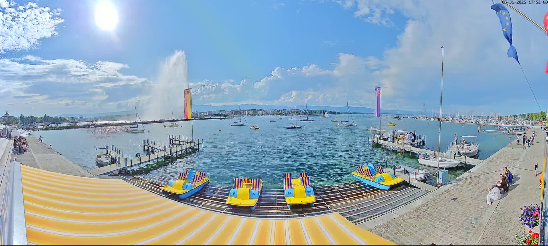 A sunny day on a lake shows a large fountain spraying water, numerous boats and paddle boats at a dock, and a city skyline in the background.